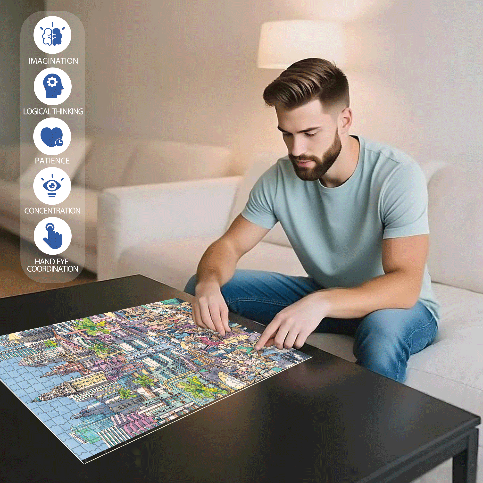 Sun Kissed City 500pcs/1000pcs Jigsaw Puzzle, Scratch-Resistant, Interactive Family Game & Brain-Boosting DIY Decor, Perfect for Halloween, Christmas & New Year Gifts, Family Puzzle Game