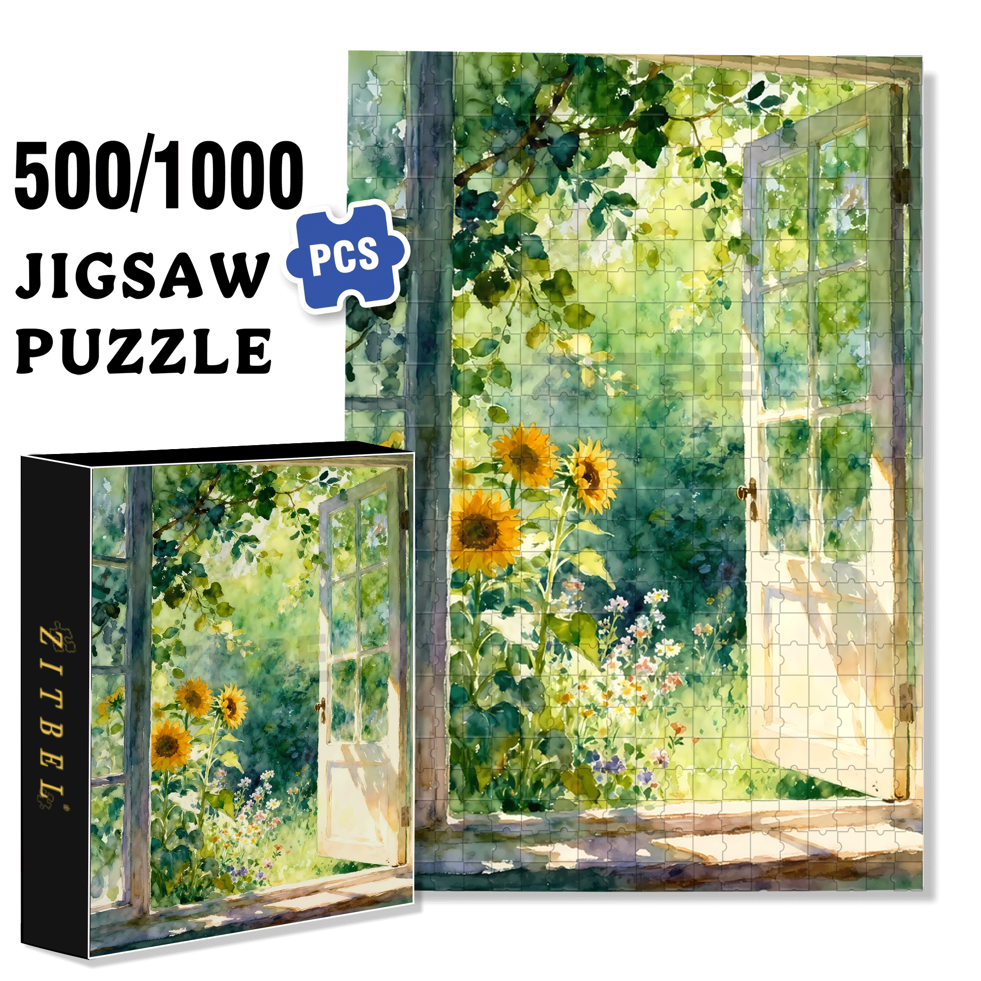 Sunflower Window 500pcs/1000pcs Jigsaw Puzzle, Scratch-Resistant, Interactive Family Game & Brain-Boosting DIY Decor, Perfect for Halloween, Christmas & New Year Gifts, Family Puzzle Game