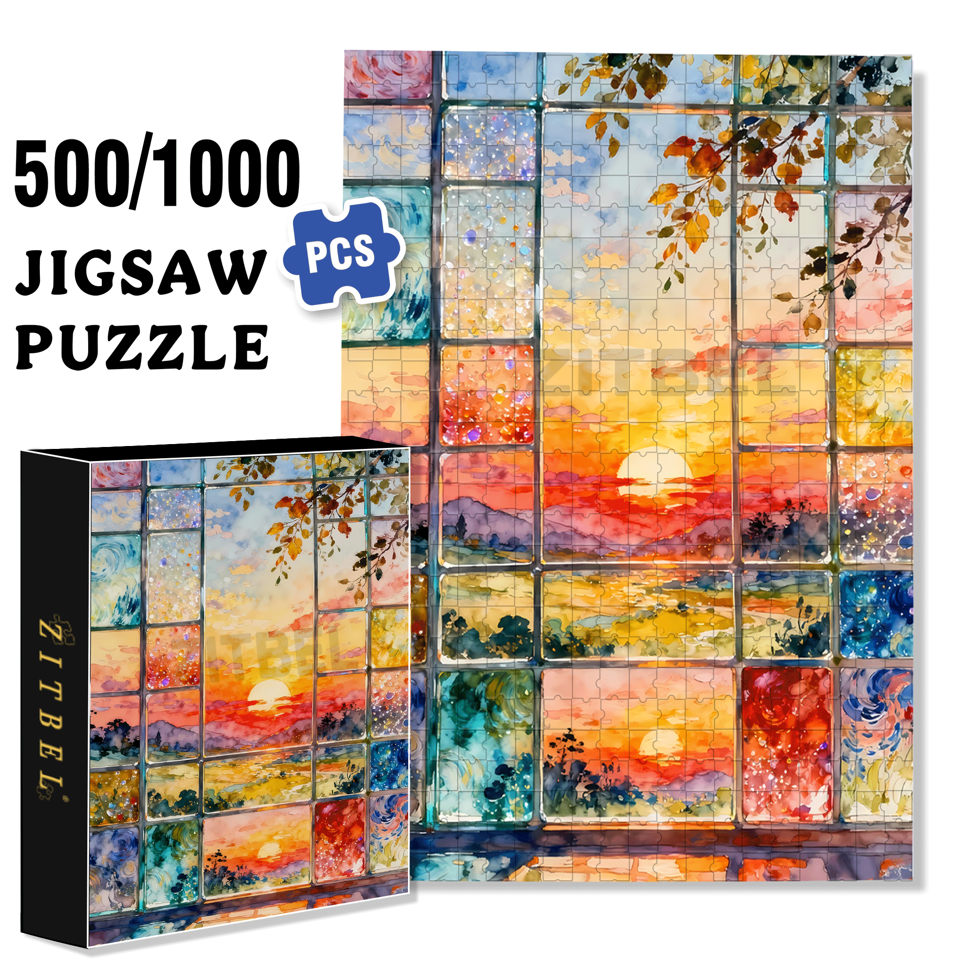Sunset Stained Glass 500pcs/1000pcs Jigsaw Puzzle, Scratch-Resistant, Interactive Family Game & Brain-Boosting DIY Decor, Perfect for Halloween, Christmas & New Year Gifts, Family Puzzle Game