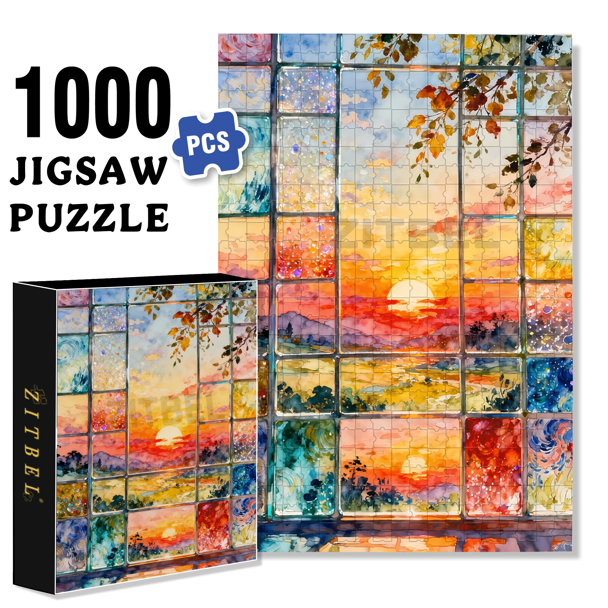 Sunset Stained Glass 500pcs/1000pcs Jigsaw Puzzle, Scratch-Resistant, Interactive Family Game & Brain-Boosting DIY Decor, Perfect for Halloween, Christmas & New Year Gifts, Family Puzzle Game