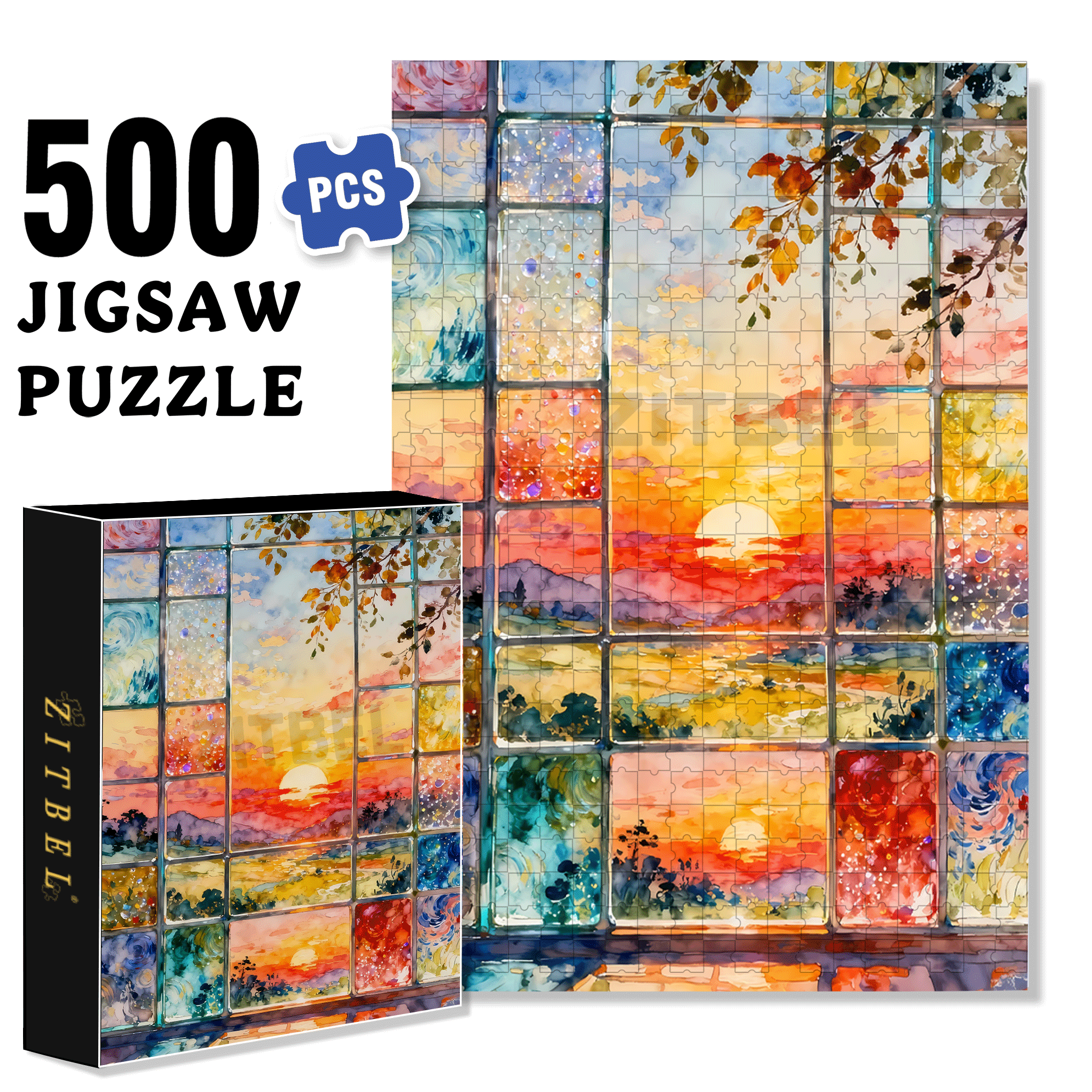 Sunset Stained Glass 500pcs/1000pcs Jigsaw Puzzle, Scratch-Resistant, Interactive Family Game & Brain-Boosting DIY Decor, Perfect for Halloween, Christmas & New Year Gifts, Family Puzzle Game
