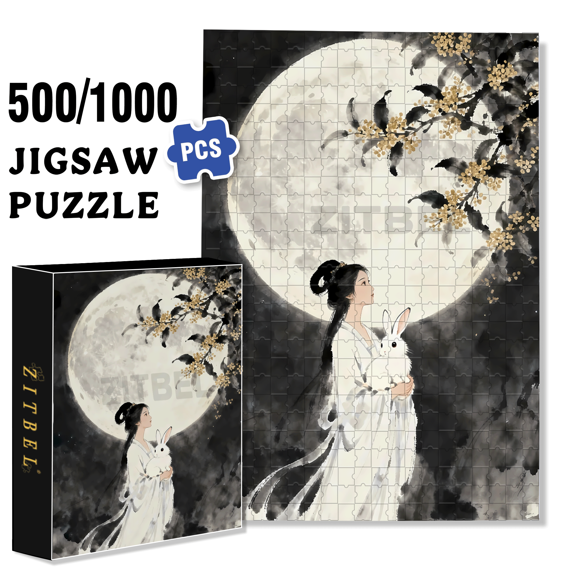 Chinese Moon Goddess 2 500pcs/1000pcs Jigsaw Puzzle, Scratch-Resistant, Interactive Family Game & Brain-Boosting DIY Decor, Perfect for Halloween, Christmas & New Year Gifts, Family Puzzle Game