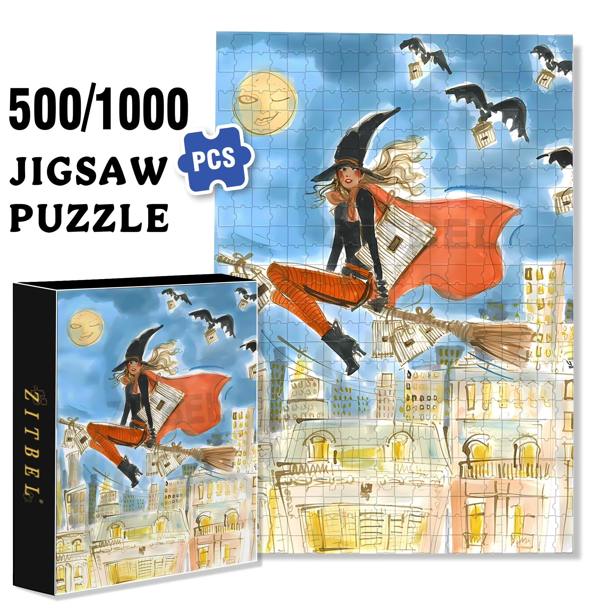 Fashion Witch 500pcs/1000pcs Jigsaw Puzzle, Scratch-Resistant, Interactive Family Game & Brain-Boosting DIY Decor, Perfect for Halloween, Christmas & New Year Gifts, Family Puzzle Game