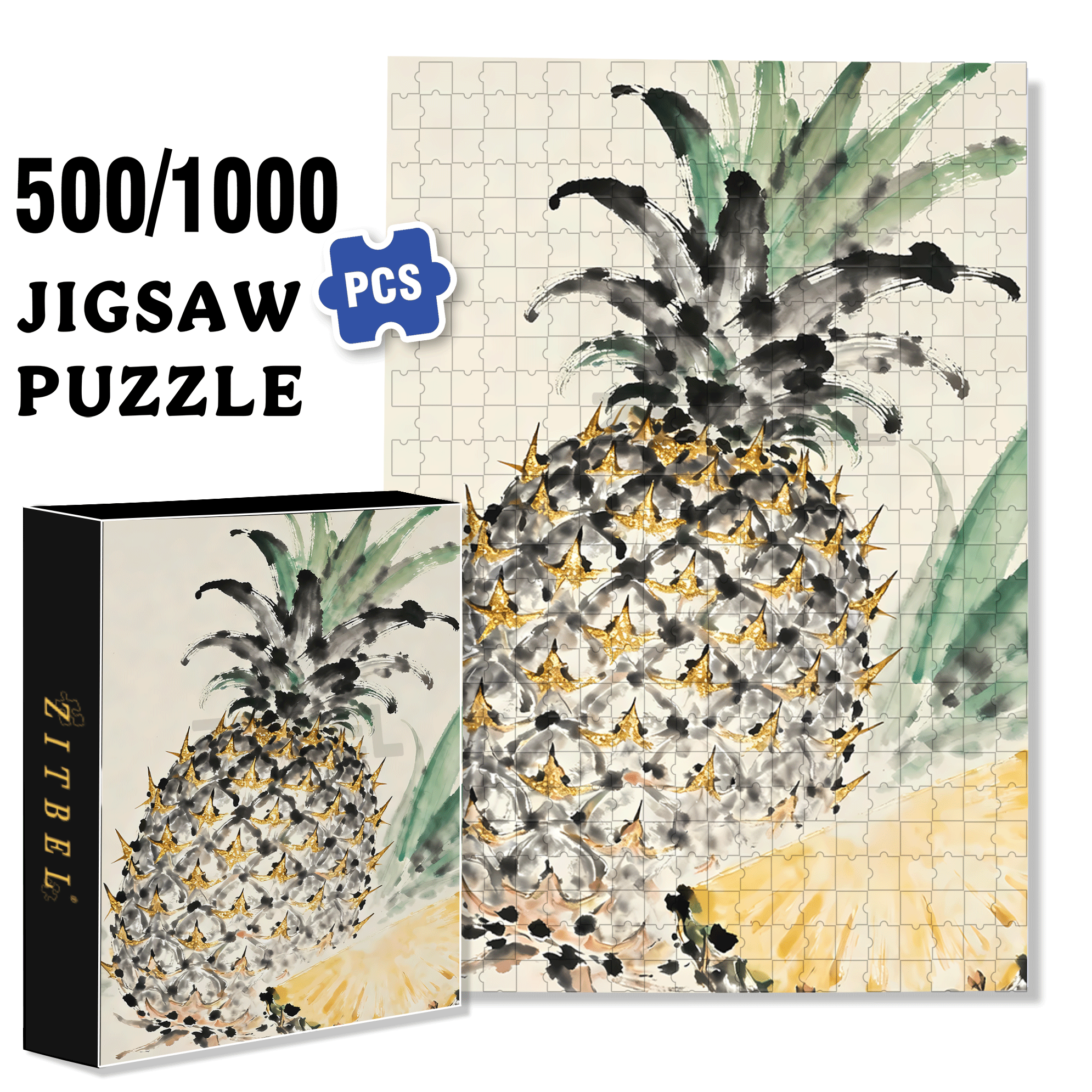 Golden Pineapple 500pcs/1000pcs Jigsaw Puzzle, Scratch-Resistant, Interactive Family Game & Brain-Boosting DIY Decor, Perfect for Halloween, Christmas & New Year Gifts, Family Puzzle Game