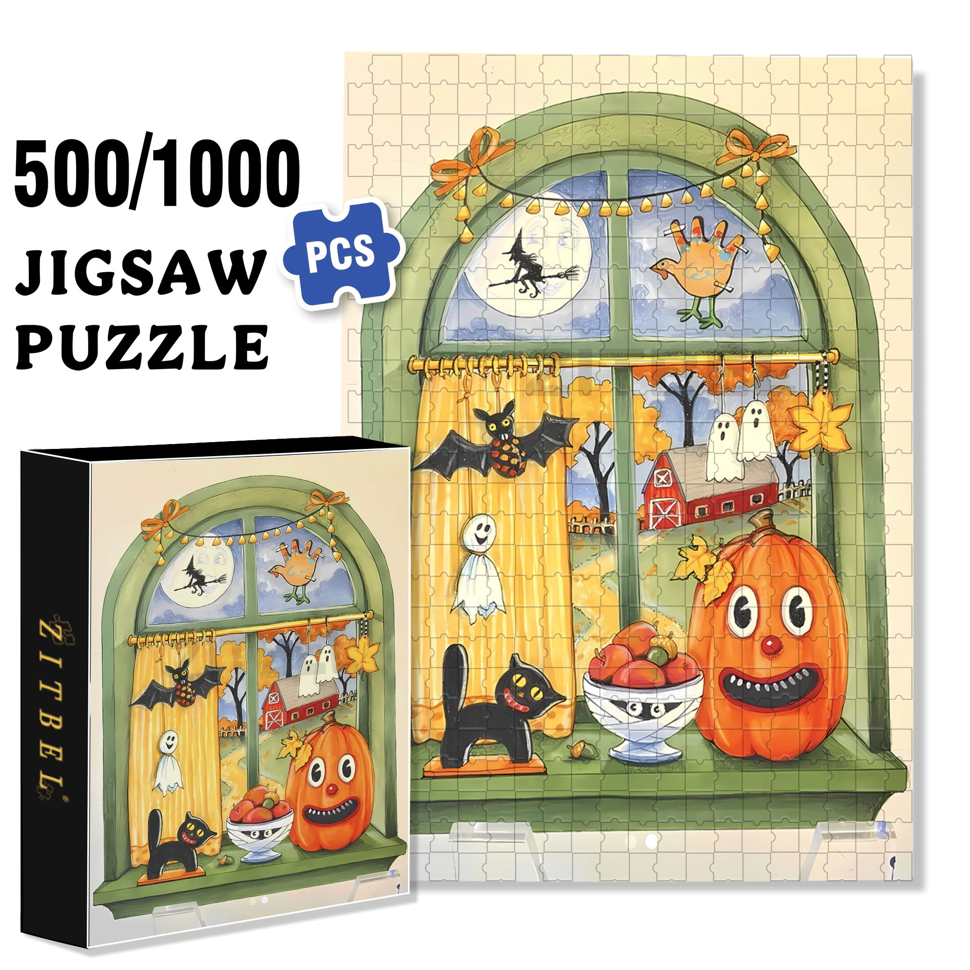 Halloween Window 500pcs/1000pcs Jigsaw Puzzle, Scratch-Resistant, Interactive Family Game & Brain-Boosting DIY Decor, Perfect for Halloween, Christmas & New Year Gifts, Family Puzzle Game