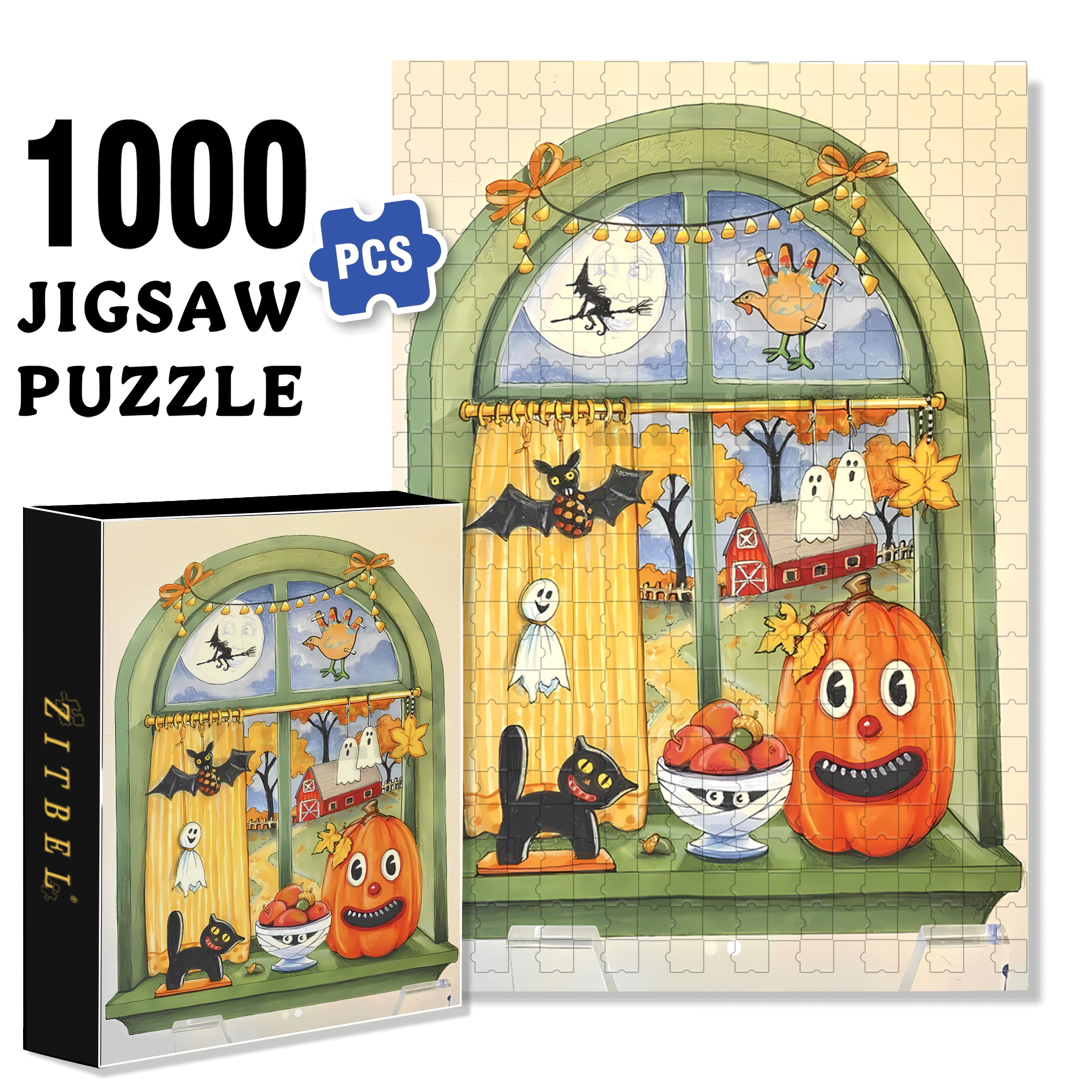 Halloween Window 500pcs/1000pcs Jigsaw Puzzle, Scratch-Resistant, Interactive Family Game & Brain-Boosting DIY Decor, Perfect for Halloween, Christmas & New Year Gifts, Family Puzzle Game