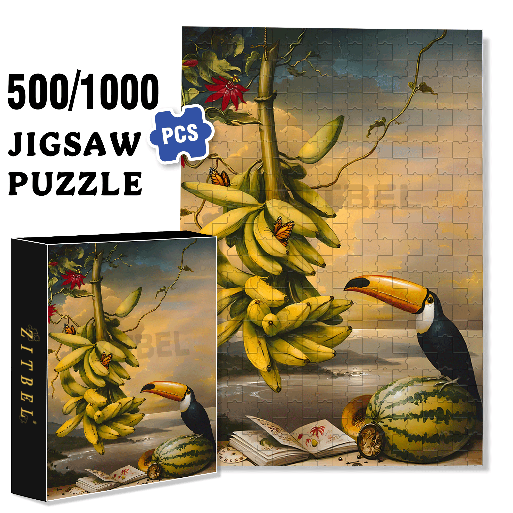 Hornbill and Fruit 500pcs/1000pcs Jigsaw Puzzle, Scratch-Resistant, Interactive Family Game & Brain-Boosting DIY Decor, Perfect for Halloween, Christmas & New Year Gifts, Family Puzzle Game