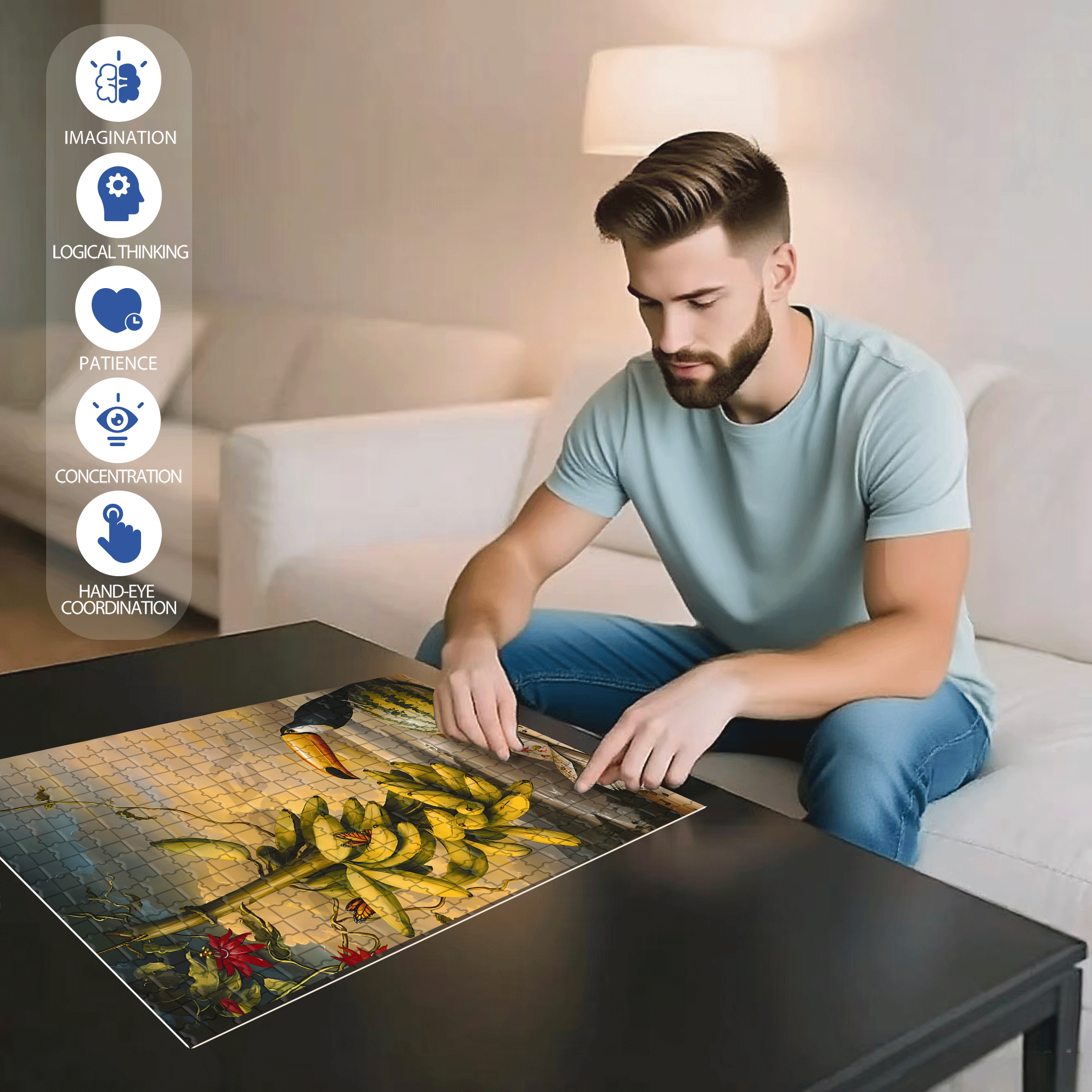 Hornbill and Fruit 500pcs/1000pcs Jigsaw Puzzle, Scratch-Resistant, Interactive Family Game & Brain-Boosting DIY Decor, Perfect for Halloween, Christmas & New Year Gifts, Family Puzzle Game