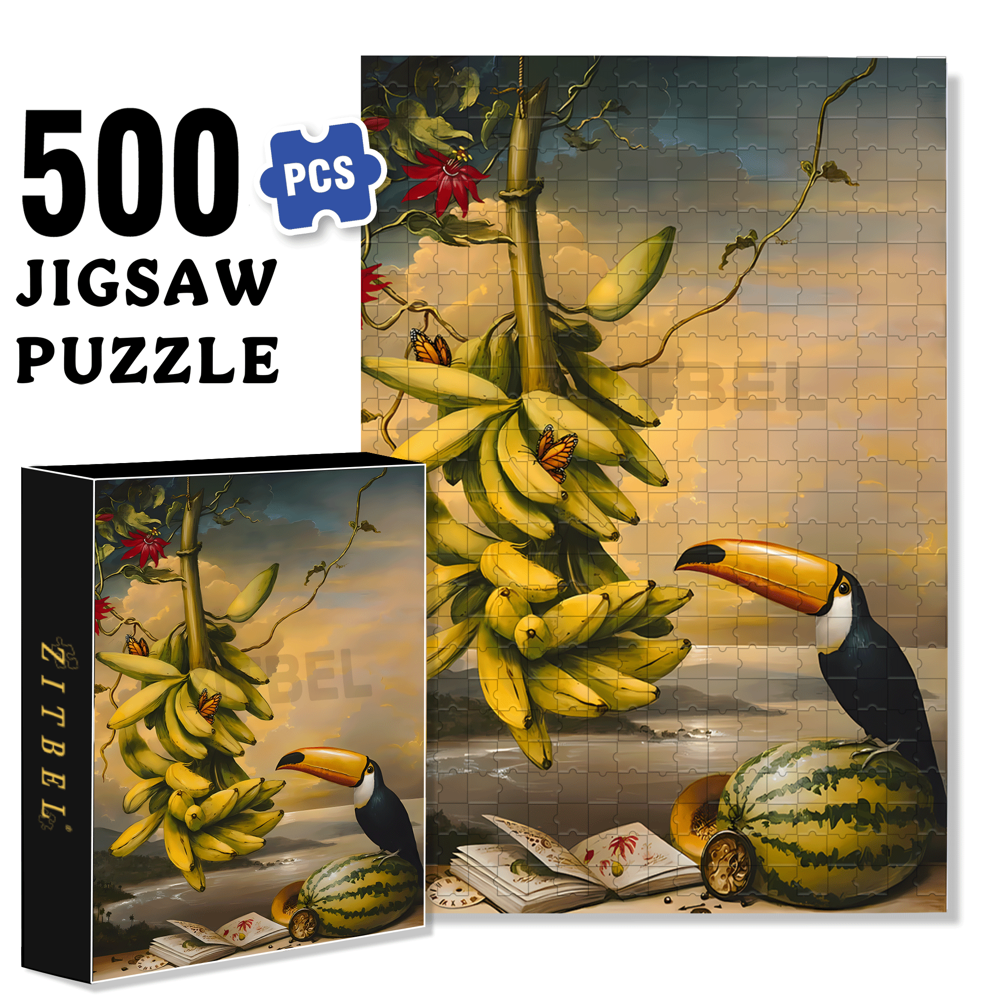 Hornbill and Fruit 500pcs/1000pcs Jigsaw Puzzle, Scratch-Resistant, Interactive Family Game & Brain-Boosting DIY Decor, Perfect for Halloween, Christmas & New Year Gifts, Family Puzzle Game