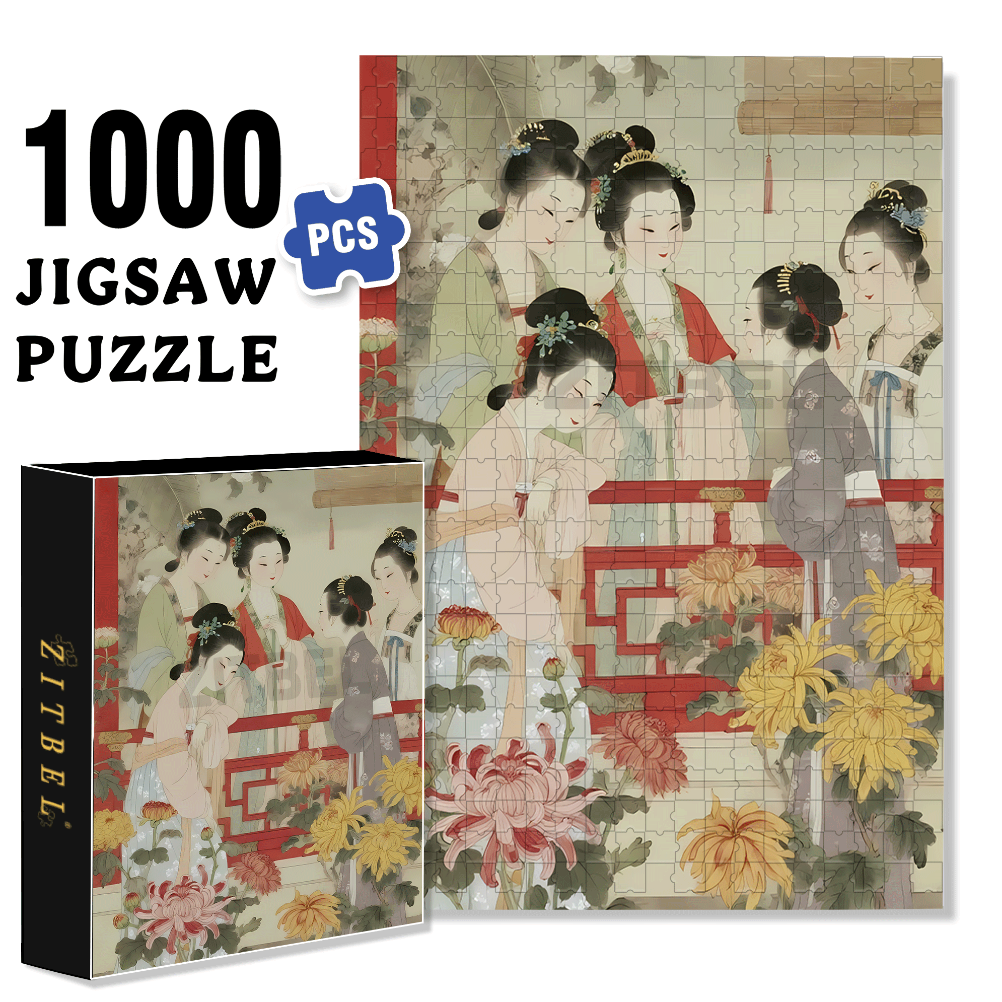 Ladies Admiring Chrysanthemums 500pcs/1000pcs Jigsaw Puzzle, Scratch-Resistant, Interactive Family Game & Brain-Boosting DIY Decor, Perfect for Halloween, Christmas & New Year Gifts, Family Puzzle Game