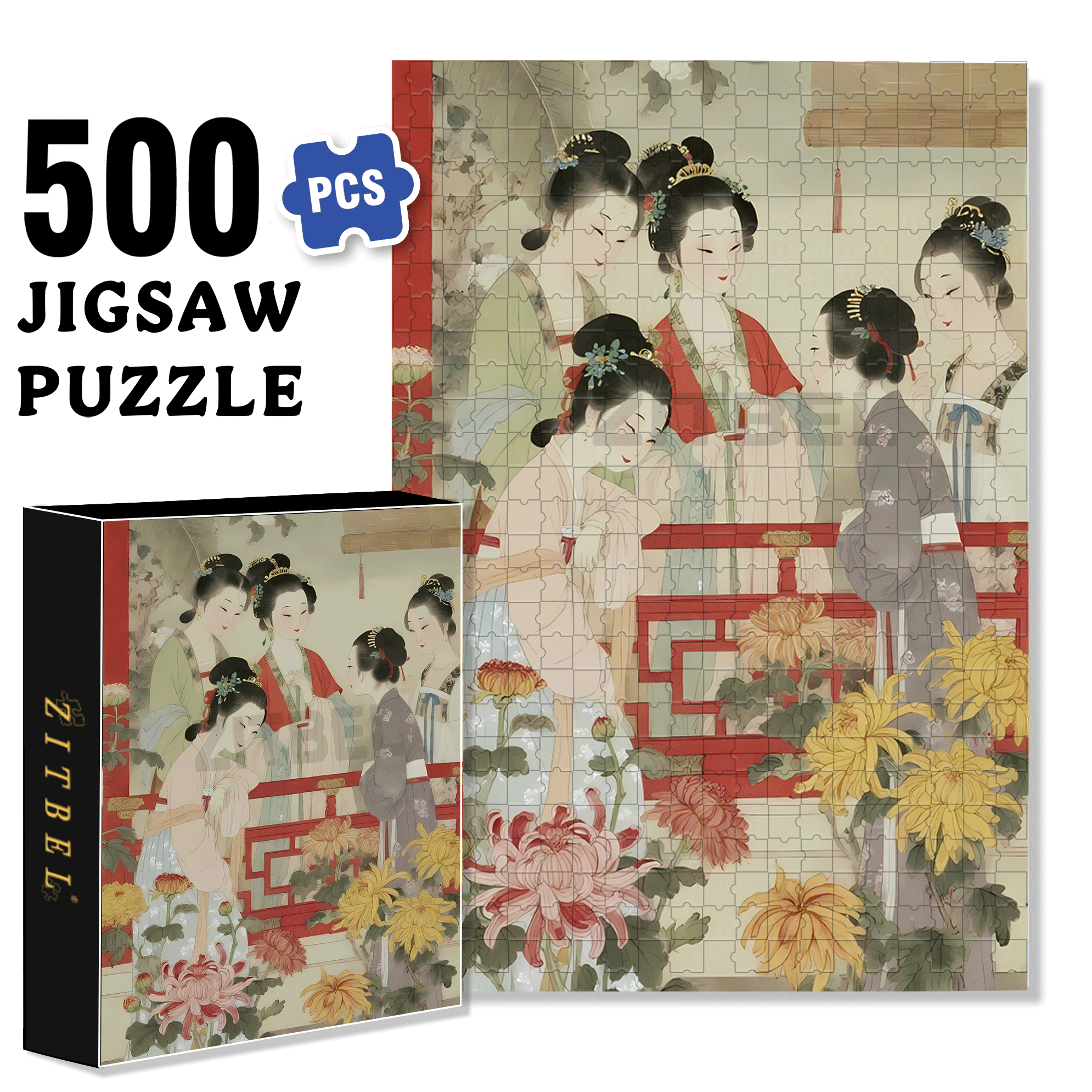 Ladies Admiring Chrysanthemums 500pcs/1000pcs Jigsaw Puzzle, Scratch-Resistant, Interactive Family Game & Brain-Boosting DIY Decor, Perfect for Halloween, Christmas & New Year Gifts, Family Puzzle Game