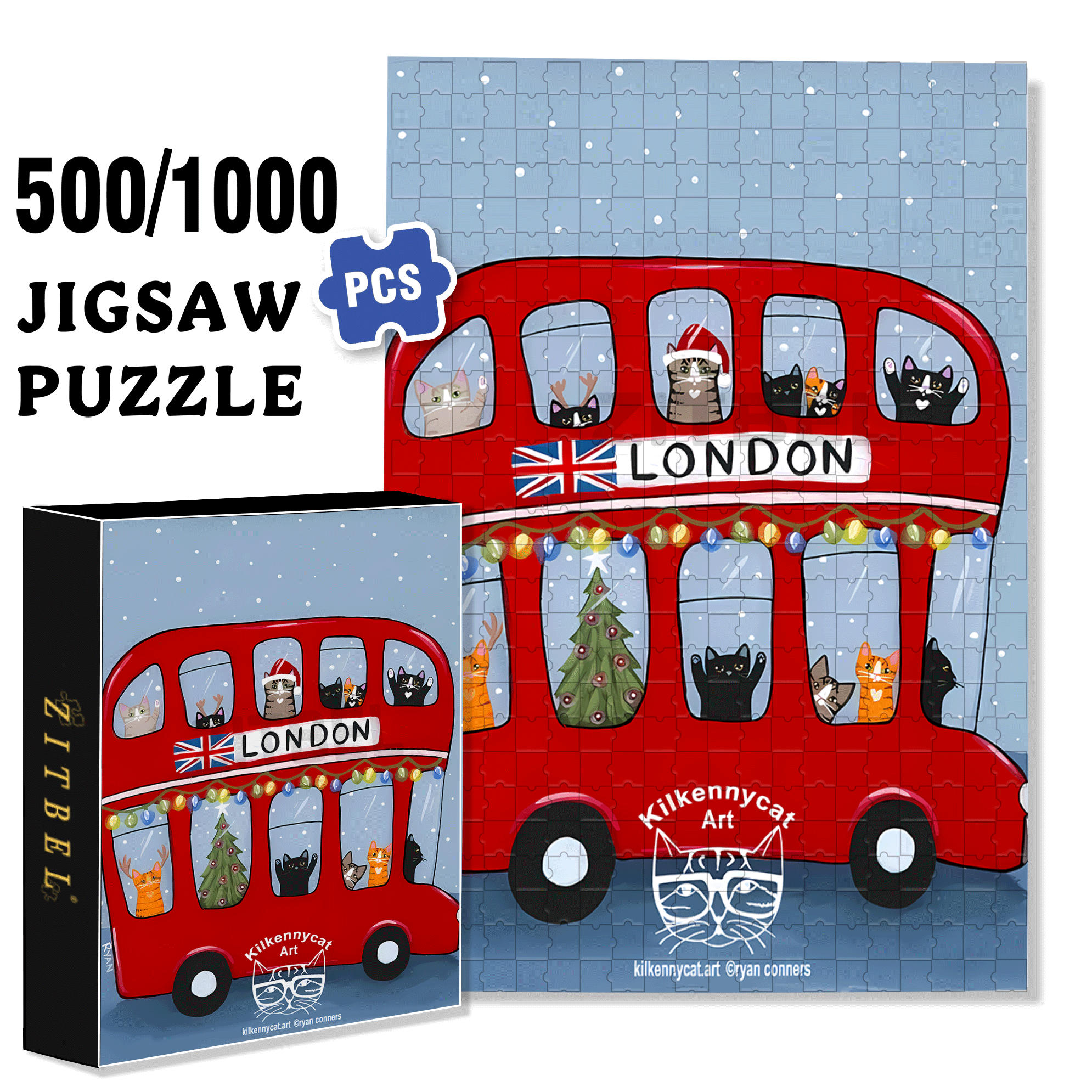 London Cat Bus 500pcs/1000pcs Jigsaw Puzzle, Scratch-Resistant, Interactive Family Game & Brain-Boosting DIY Decor, Perfect for Halloween, Christmas & New Year Gifts, Family Puzzle Game
