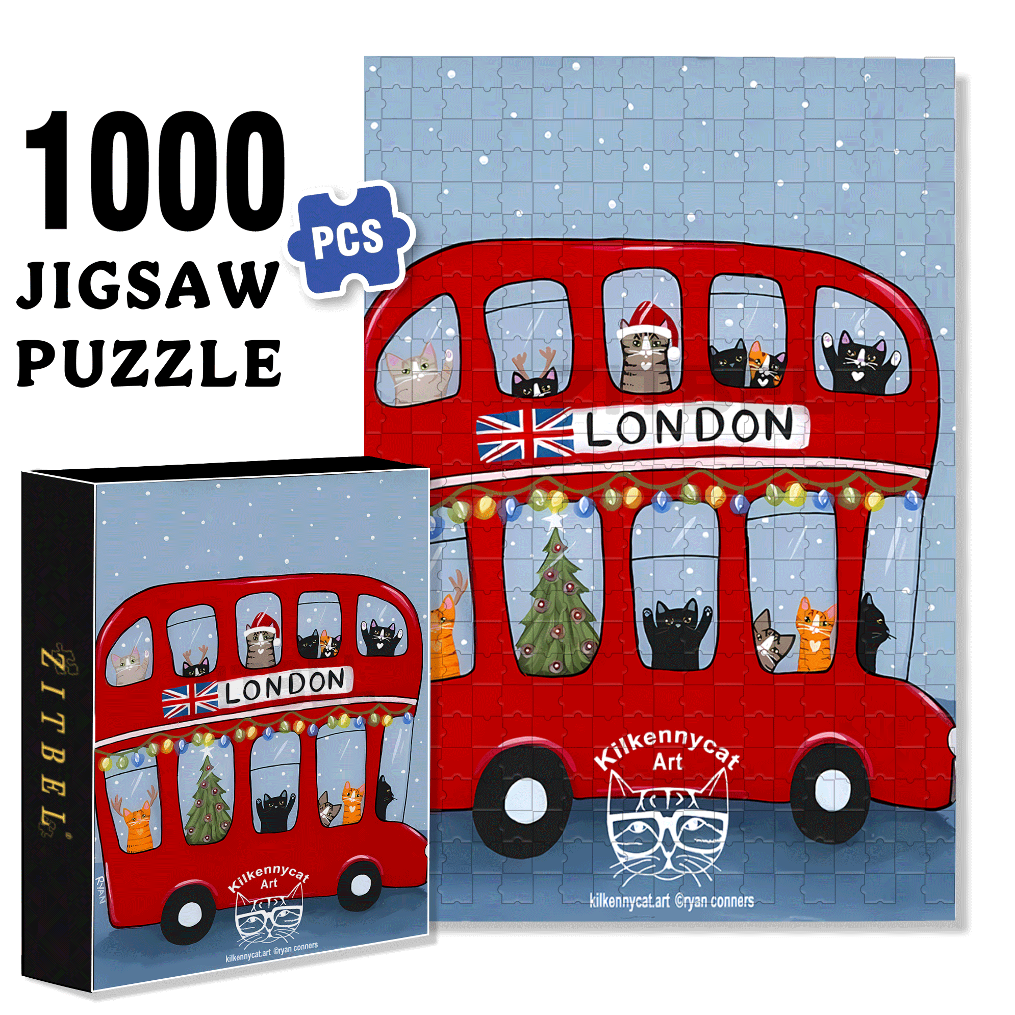 London Cat Bus 500pcs/1000pcs Jigsaw Puzzle, Scratch-Resistant, Interactive Family Game & Brain-Boosting DIY Decor, Perfect for Halloween, Christmas & New Year Gifts, Family Puzzle Game