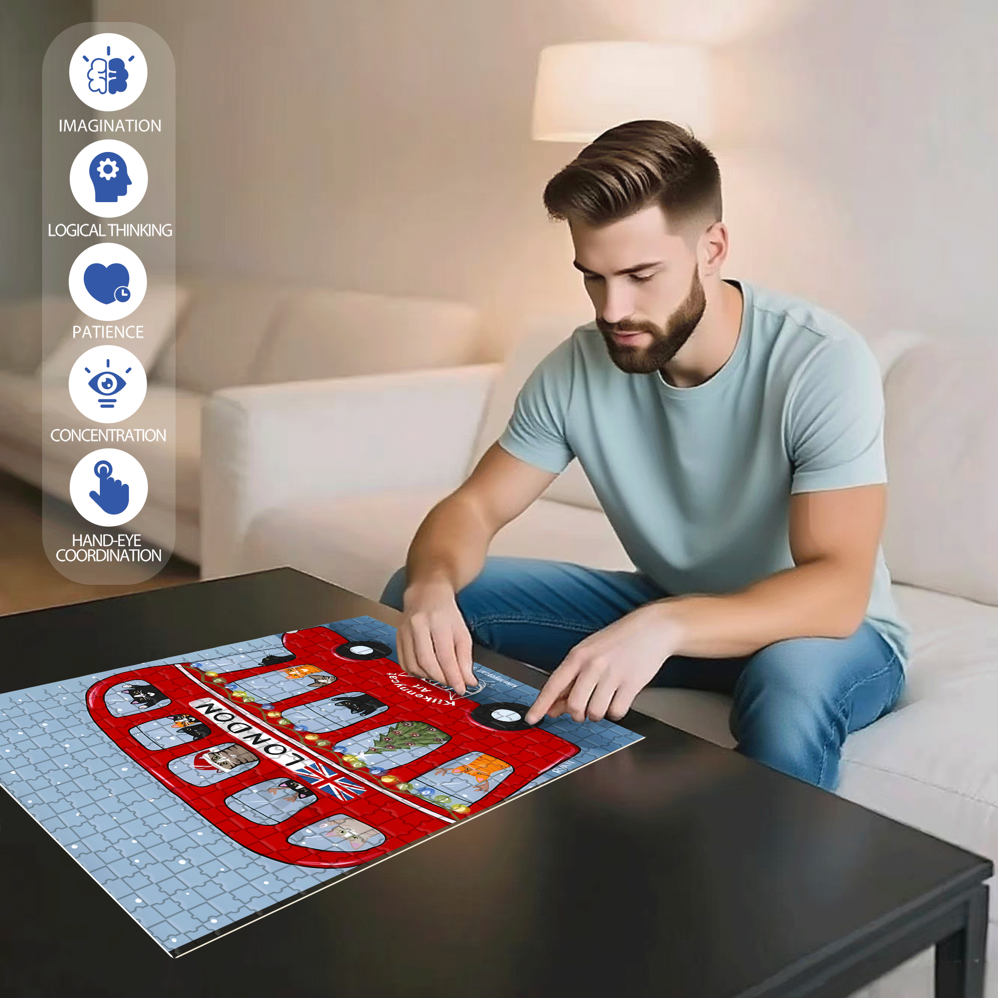 London Cat Bus 500pcs/1000pcs Jigsaw Puzzle, Scratch-Resistant, Interactive Family Game & Brain-Boosting DIY Decor, Perfect for Halloween, Christmas & New Year Gifts, Family Puzzle Game