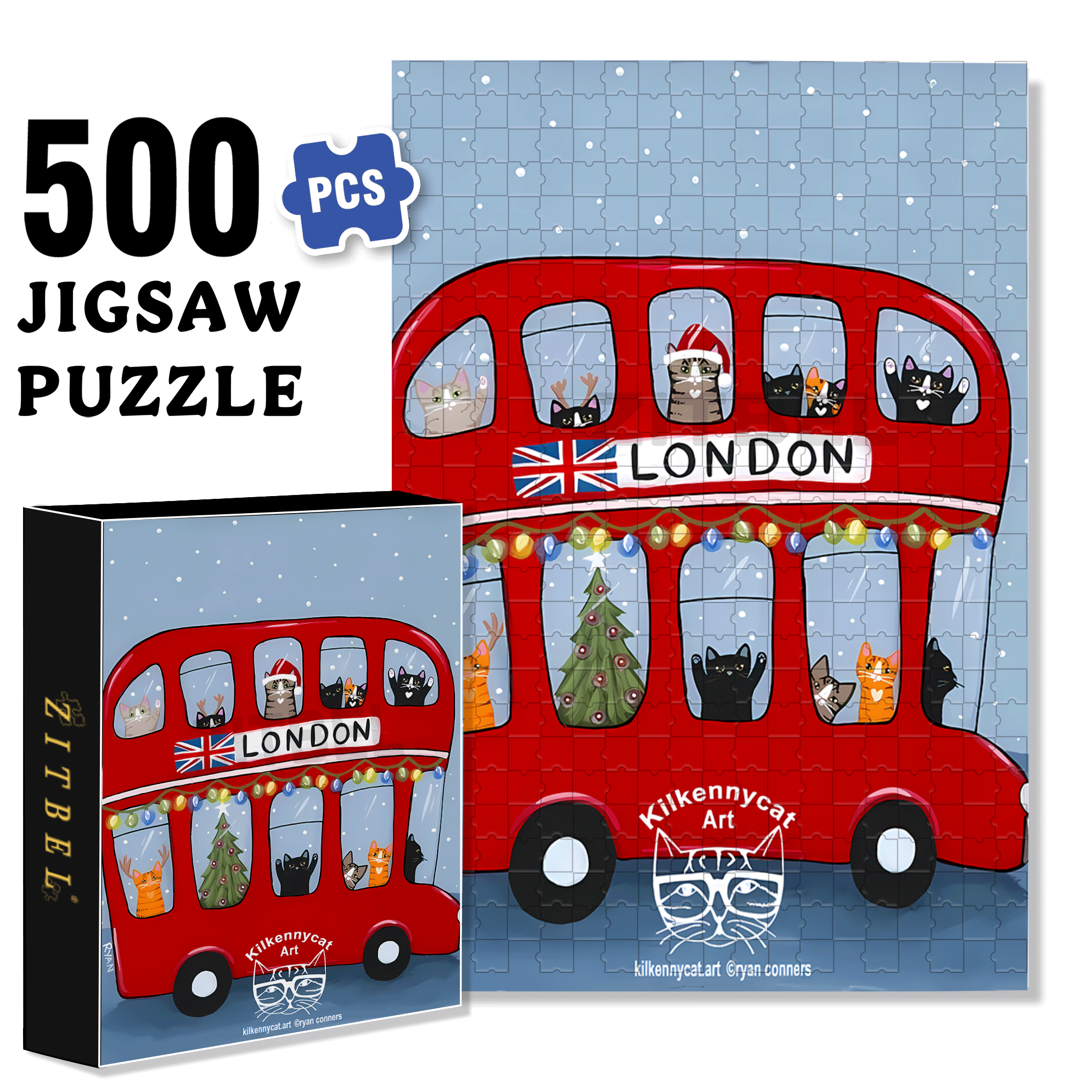 London Cat Bus 500pcs/1000pcs Jigsaw Puzzle, Scratch-Resistant, Interactive Family Game & Brain-Boosting DIY Decor, Perfect for Halloween, Christmas & New Year Gifts, Family Puzzle Game
