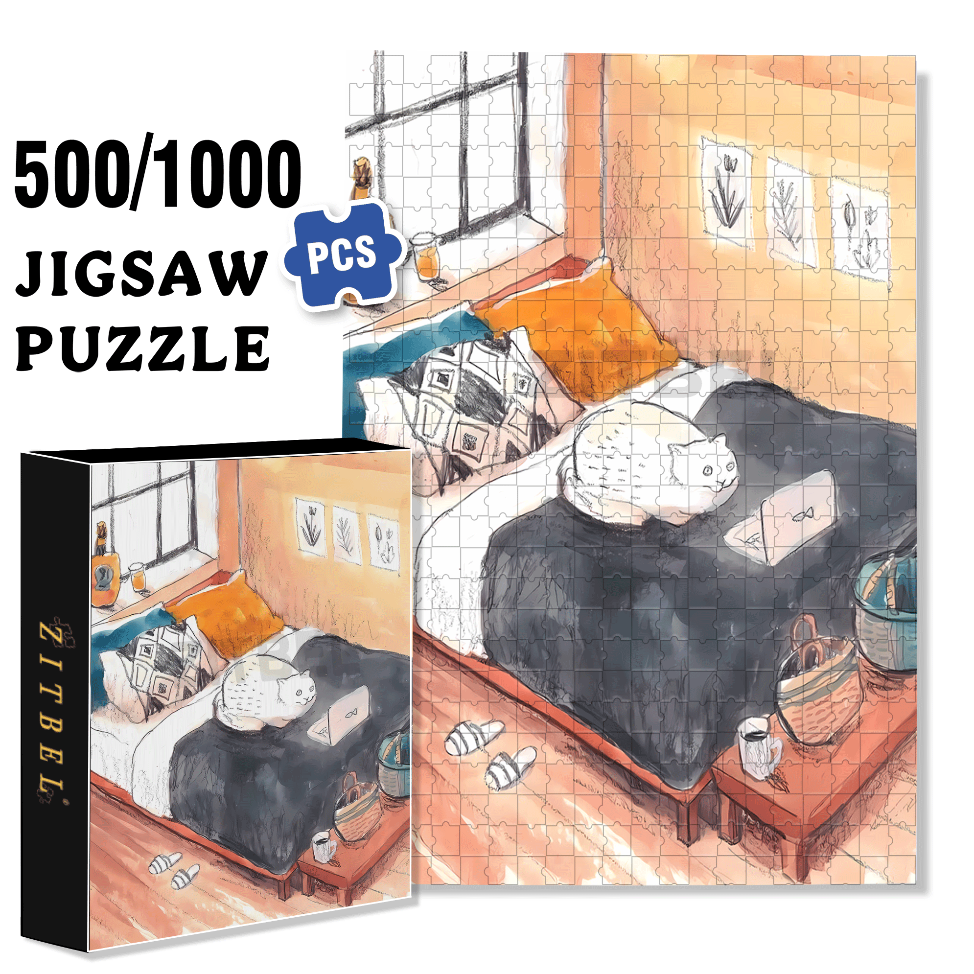 Meow's Life Diary 5 500pcs/1000pcs Jigsaw Puzzle, Scratch-Resistant, Interactive Family Game & Brain-Boosting DIY Decor, Perfect for Halloween, Christmas & New Year Gifts, Family Puzzle Game