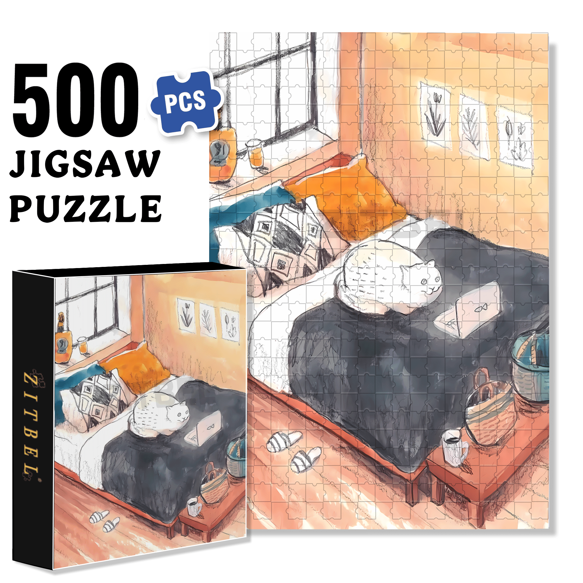 Meow's Life Diary 5 500pcs/1000pcs Jigsaw Puzzle, Scratch-Resistant, Interactive Family Game & Brain-Boosting DIY Decor, Perfect for Halloween, Christmas & New Year Gifts, Family Puzzle Game