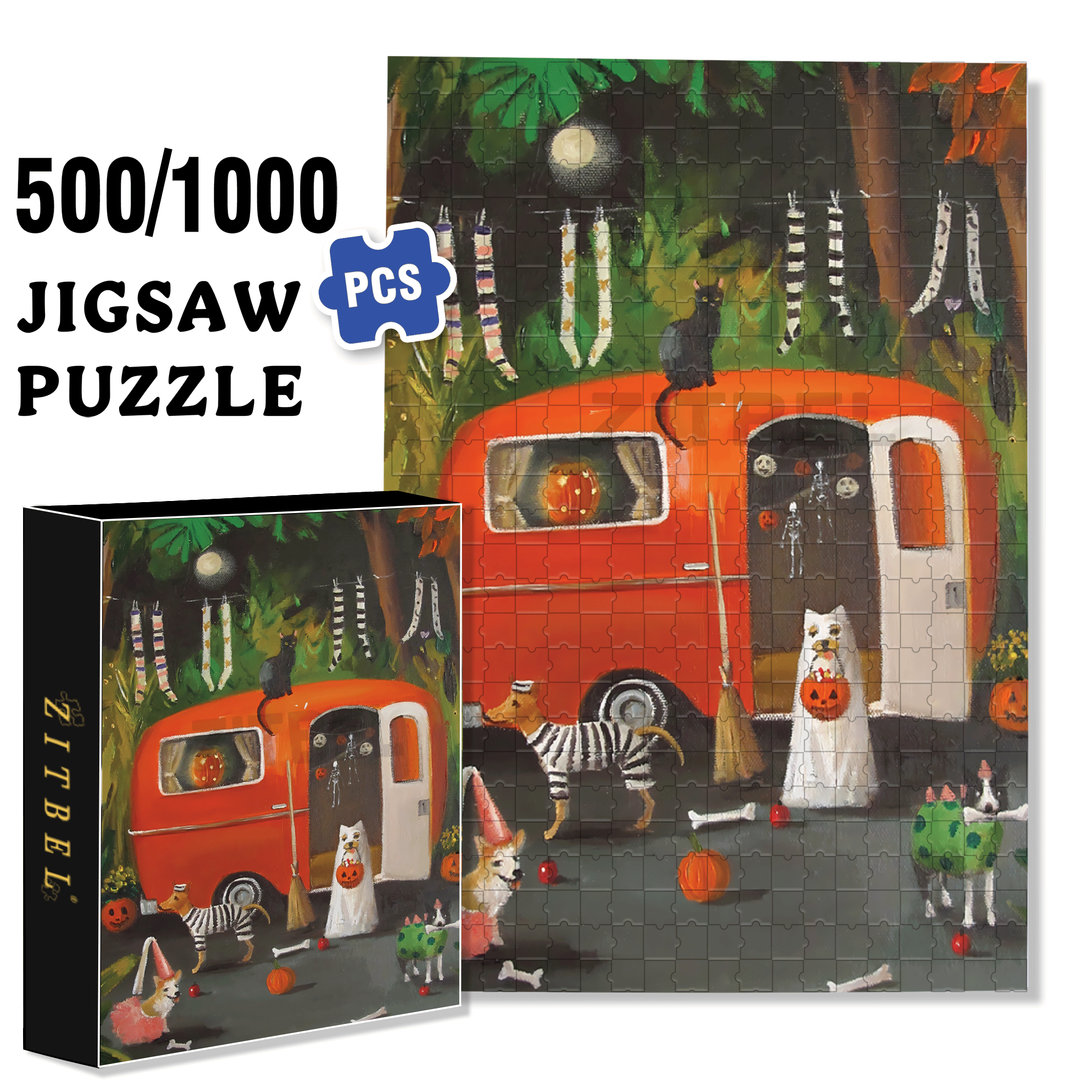 The Dogs of Halloween 500pcs/1000pcs Jigsaw Puzzle, Scratch-Resistant, Interactive Family Game & Brain-Boosting DIY Decor, Perfect for Halloween, Christmas & New Year Gifts, Family Puzzle Game
