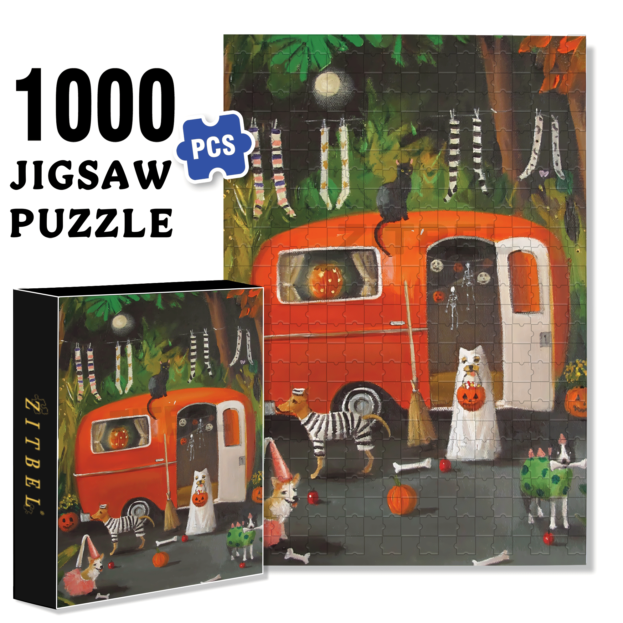 The Dogs of Halloween 500pcs/1000pcs Jigsaw Puzzle, Scratch-Resistant, Interactive Family Game & Brain-Boosting DIY Decor, Perfect for Halloween, Christmas & New Year Gifts, Family Puzzle Game