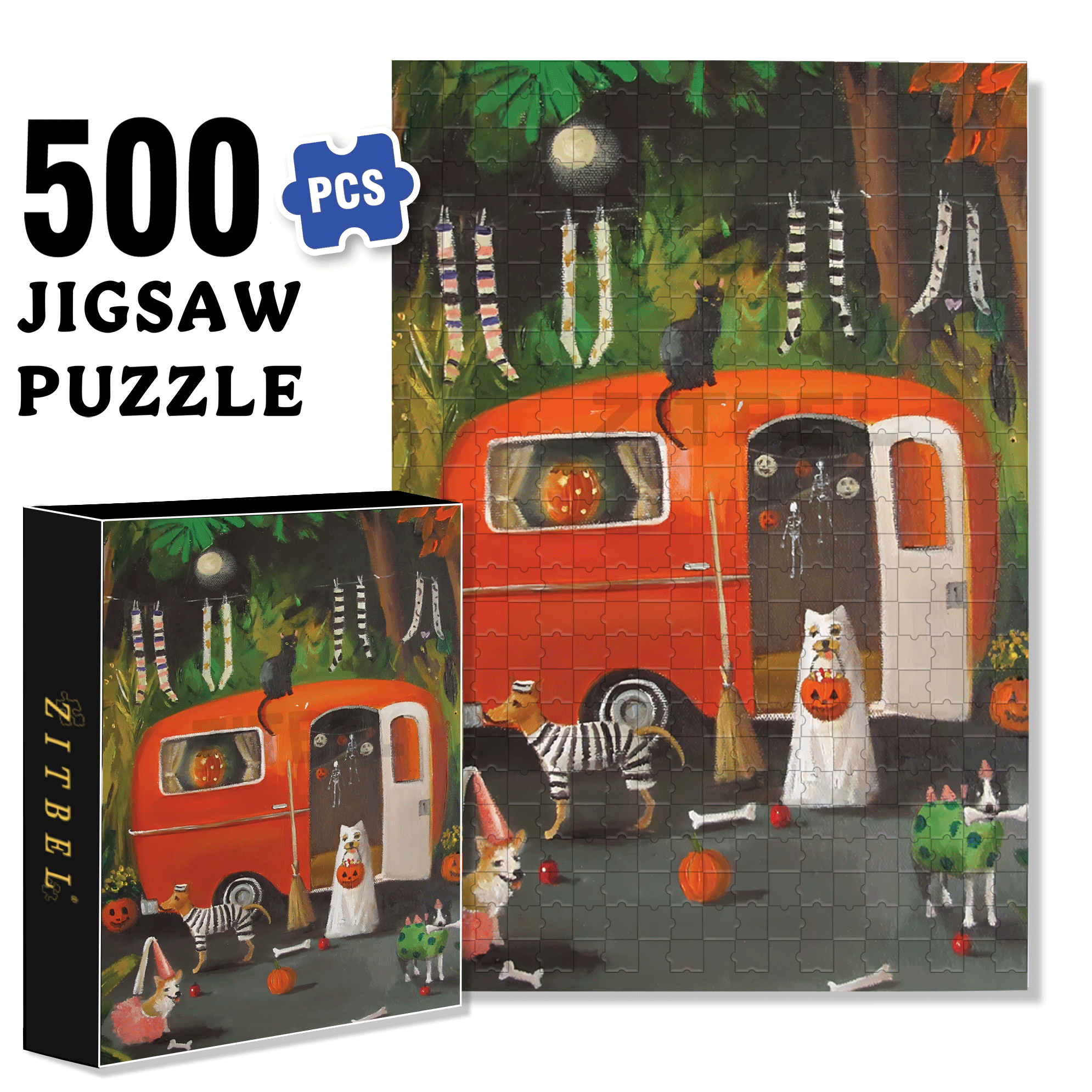 The Dogs of Halloween 500pcs/1000pcs Jigsaw Puzzle, Scratch-Resistant, Interactive Family Game & Brain-Boosting DIY Decor, Perfect for Halloween, Christmas & New Year Gifts, Family Puzzle Game