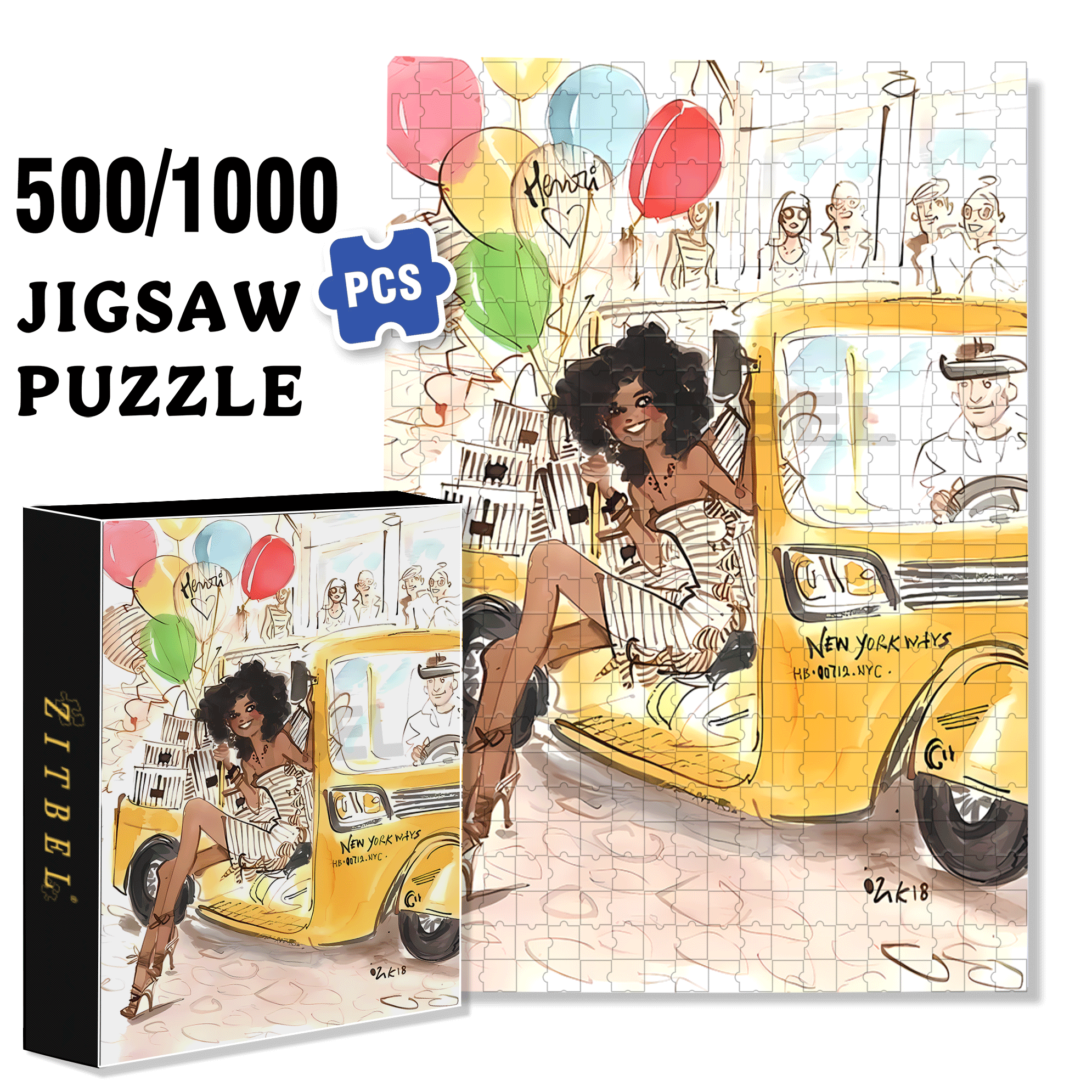 Yellow Taxi 500pcs/1000pcs Jigsaw Puzzle, Scratch-Resistant, Interactive Family Game & Brain-Boosting DIY Decor, Perfect for Halloween, Christmas & New Year Gifts, Family Puzzle Game