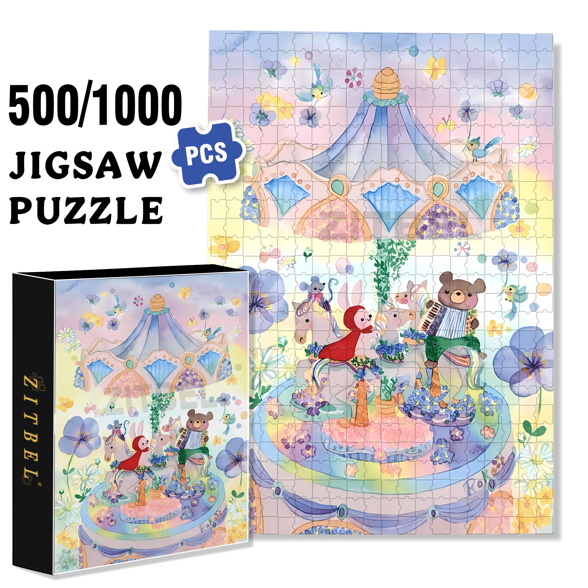 Carousel Music Box 500pcs/1000pcs Jigsaw Puzzle, Scratch-Resistant, Interactive Family Game & Brain-Boosting DIY Decor, Perfect for Halloween, Christmas & New Year Gifts, Family Puzzle Game