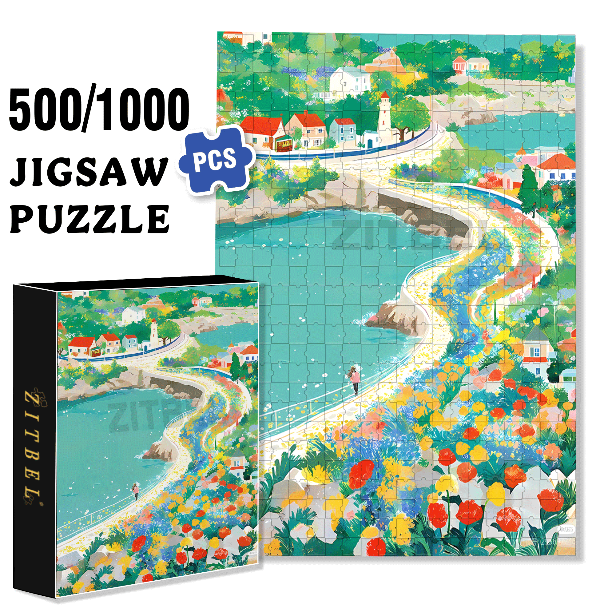 Coastline 500pcs/1000pcs Jigsaw Puzzle, Scratch-Resistant, Interactive Family Game & Brain-Boosting DIY Decor, Perfect for Halloween, Christmas & New Year Gifts, Family Puzzle Game
