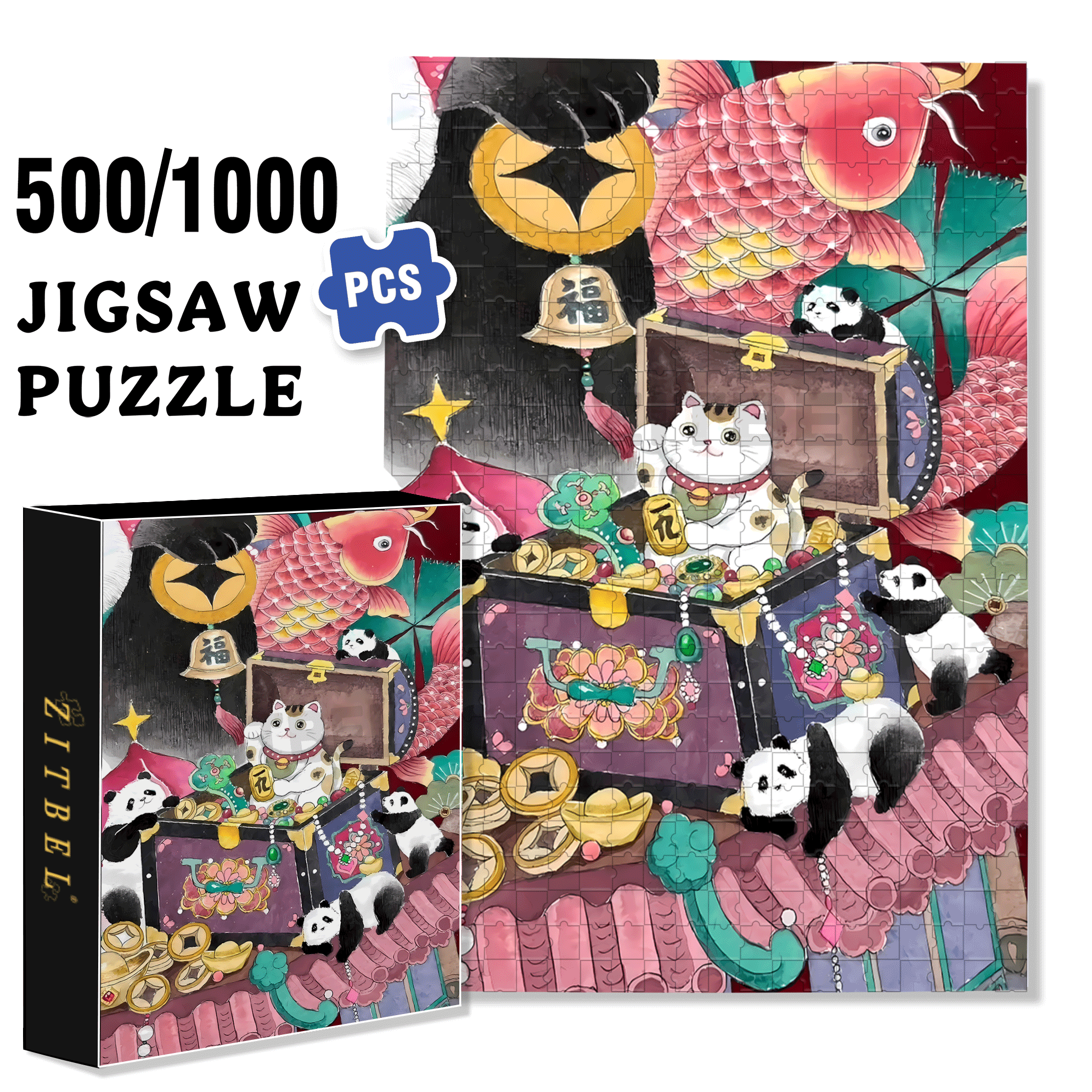Lucky Cat 2 500pcs/1000pcs Jigsaw Puzzle, Scratch-Resistant, Interactive Family Game & Brain-Boosting DIY Decor, Perfect for Halloween, Christmas & New Year Gifts, Family Puzzle Game