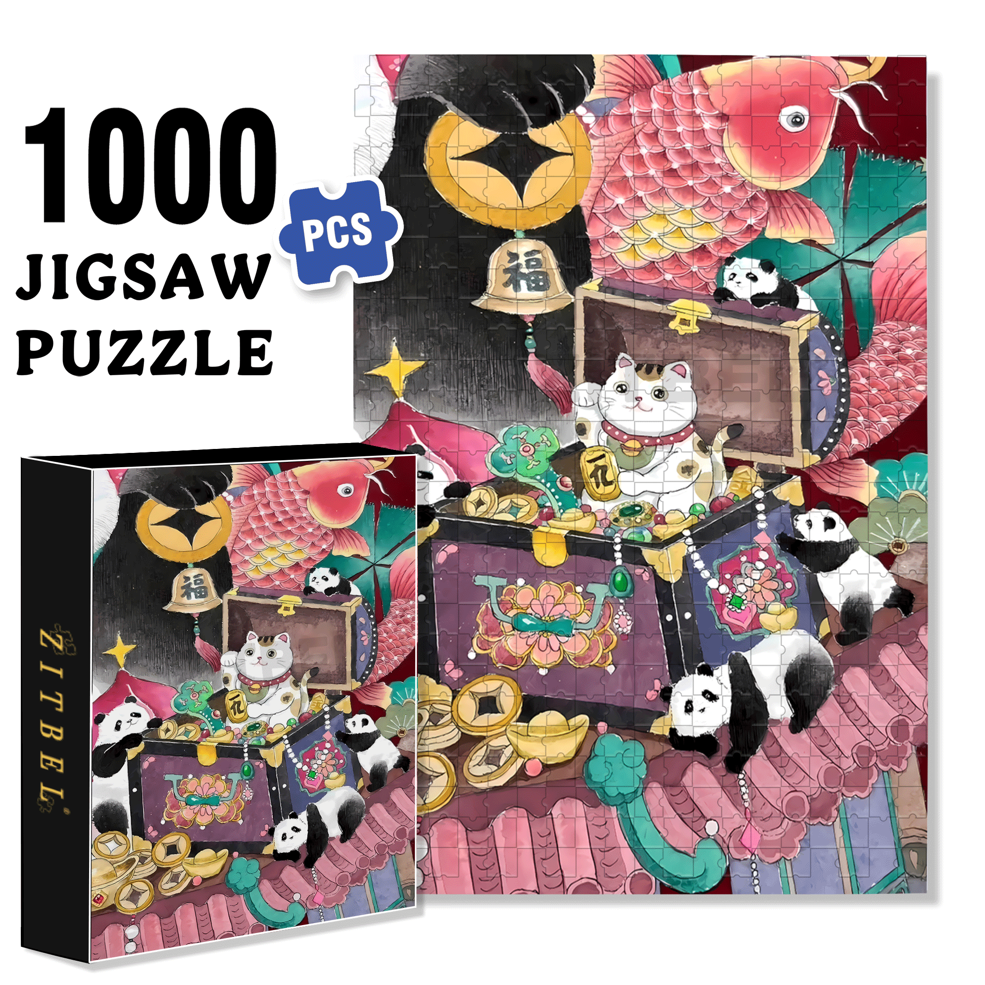 Lucky Cat 2 500pcs/1000pcs Jigsaw Puzzle, Scratch-Resistant, Interactive Family Game & Brain-Boosting DIY Decor, Perfect for Halloween, Christmas & New Year Gifts, Family Puzzle Game
