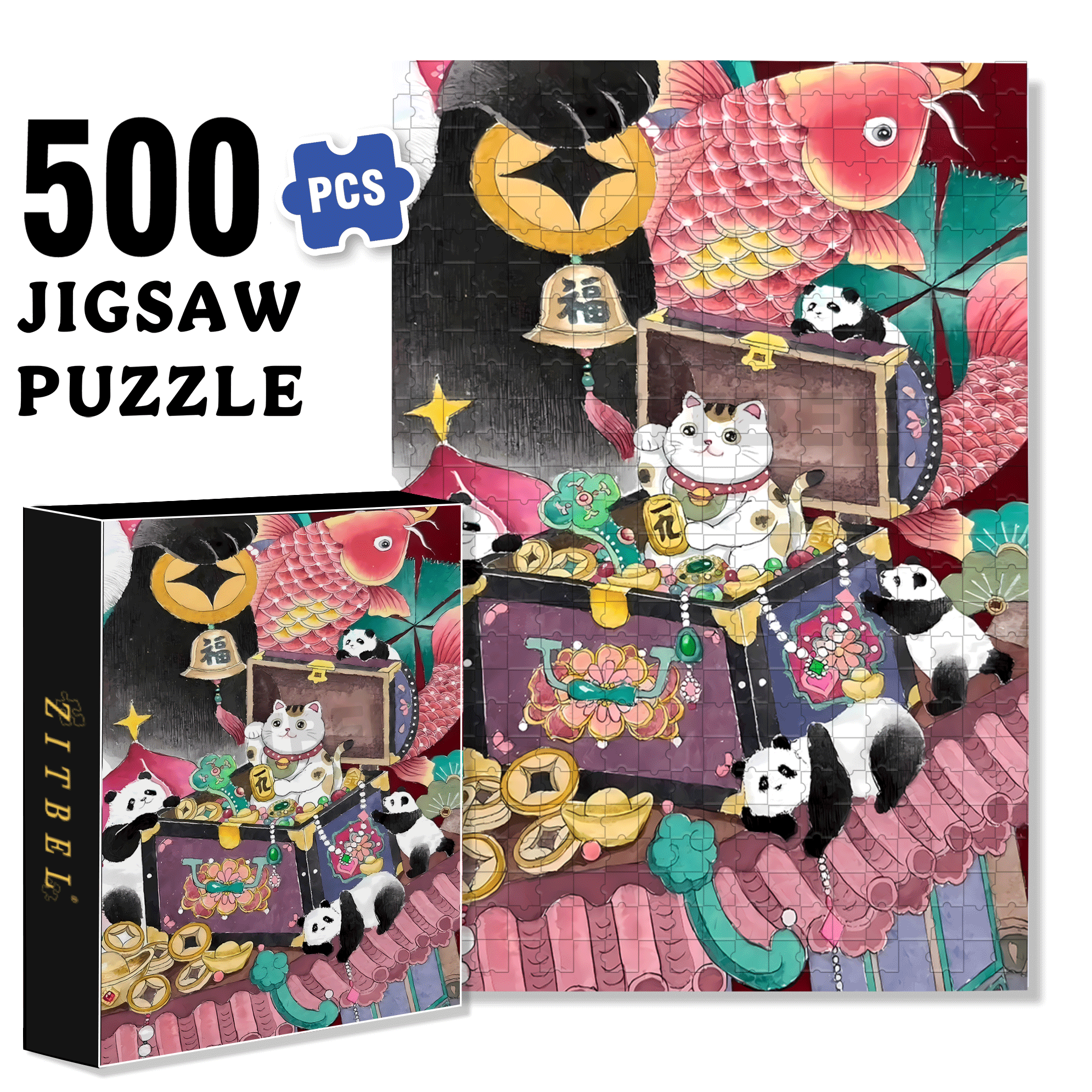 Lucky Cat 2 500pcs/1000pcs Jigsaw Puzzle, Scratch-Resistant, Interactive Family Game & Brain-Boosting DIY Decor, Perfect for Halloween, Christmas & New Year Gifts, Family Puzzle Game
