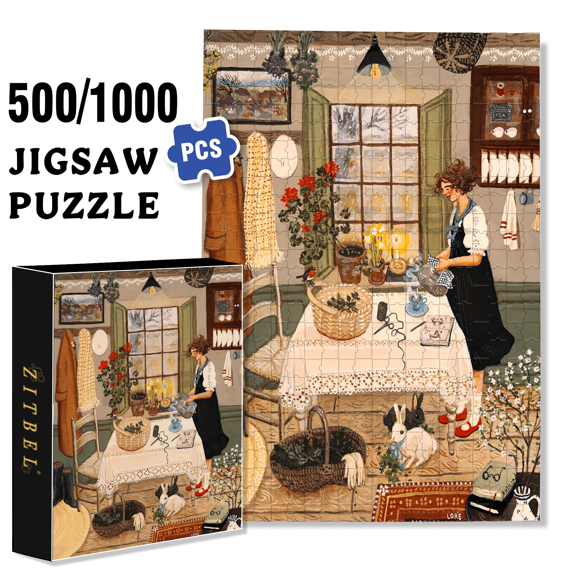 Nettle Tea 500pcs/1000pcs Jigsaw Puzzle, Scratch-Resistant, Interactive Family Game & Brain-Boosting DIY Decor, Perfect for Halloween, Christmas & New Year Gifts, Family Puzzle Game