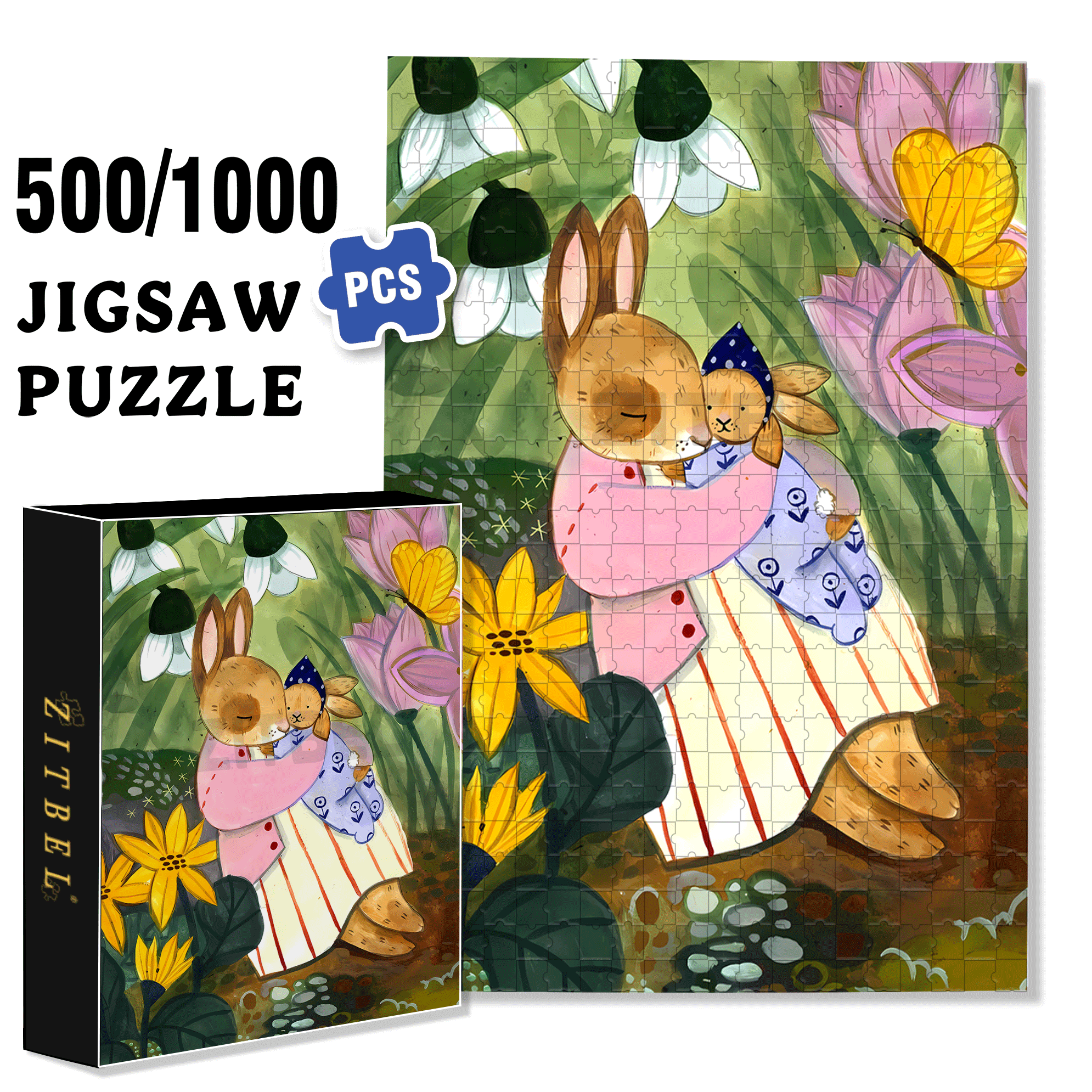 Bunny Love 500pcs/1000pcs Jigsaw Puzzle, Scratch-Resistant, Interactive Family Game & Brain-Boosting DIY Decor, Perfect for Halloween, Christmas & New Year Gifts, Family Puzzle Game