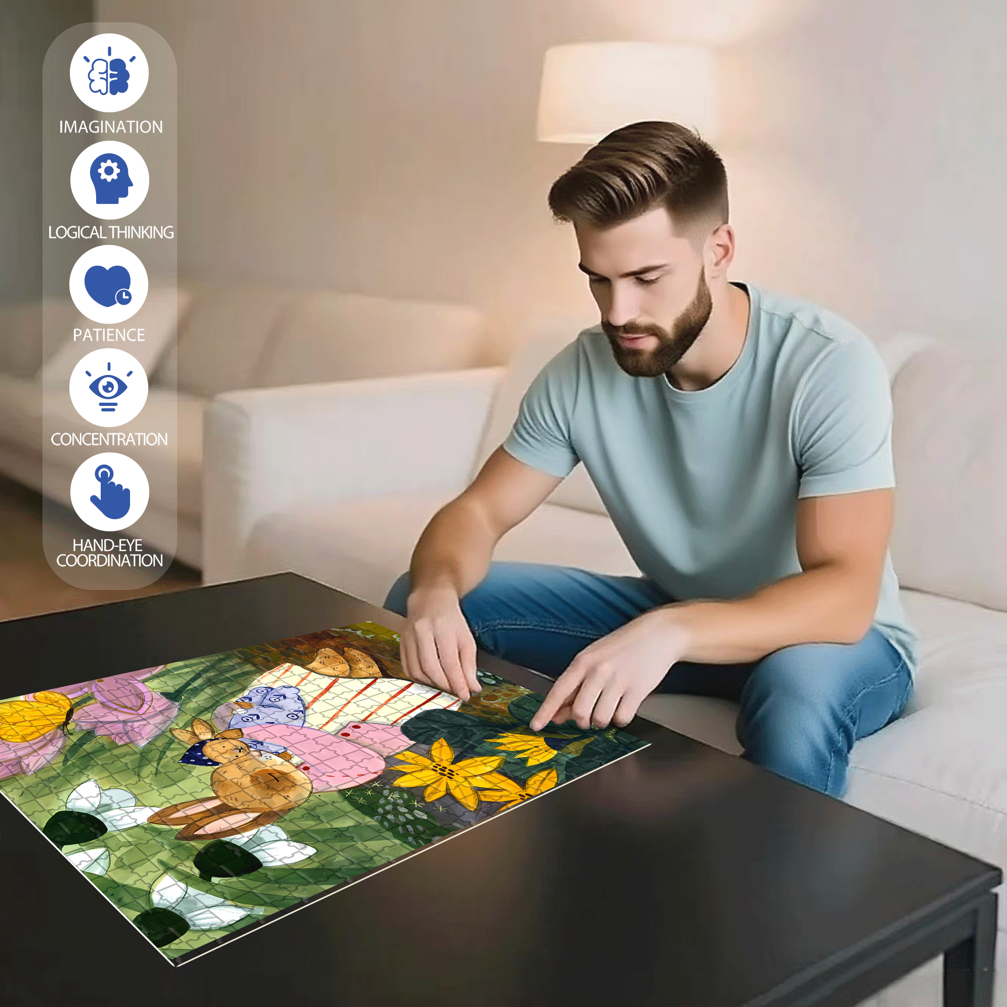 Bunny Love 500pcs/1000pcs Jigsaw Puzzle, Scratch-Resistant, Interactive Family Game & Brain-Boosting DIY Decor, Perfect for Halloween, Christmas & New Year Gifts, Family Puzzle Game