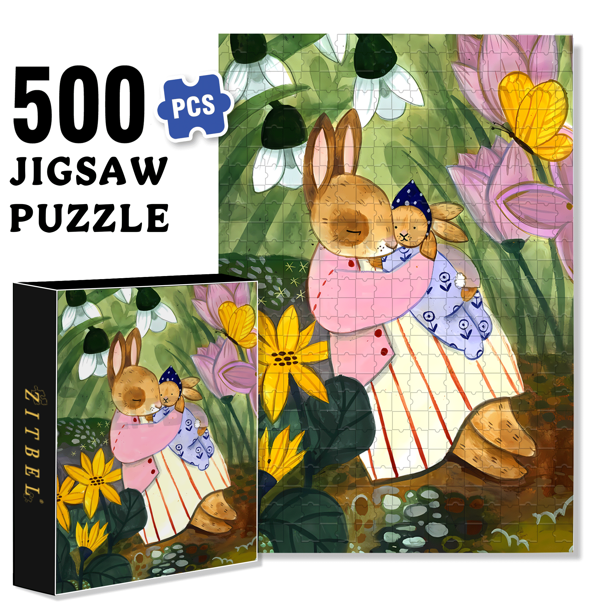 Bunny Love 500pcs/1000pcs Jigsaw Puzzle, Scratch-Resistant, Interactive Family Game & Brain-Boosting DIY Decor, Perfect for Halloween, Christmas & New Year Gifts, Family Puzzle Game