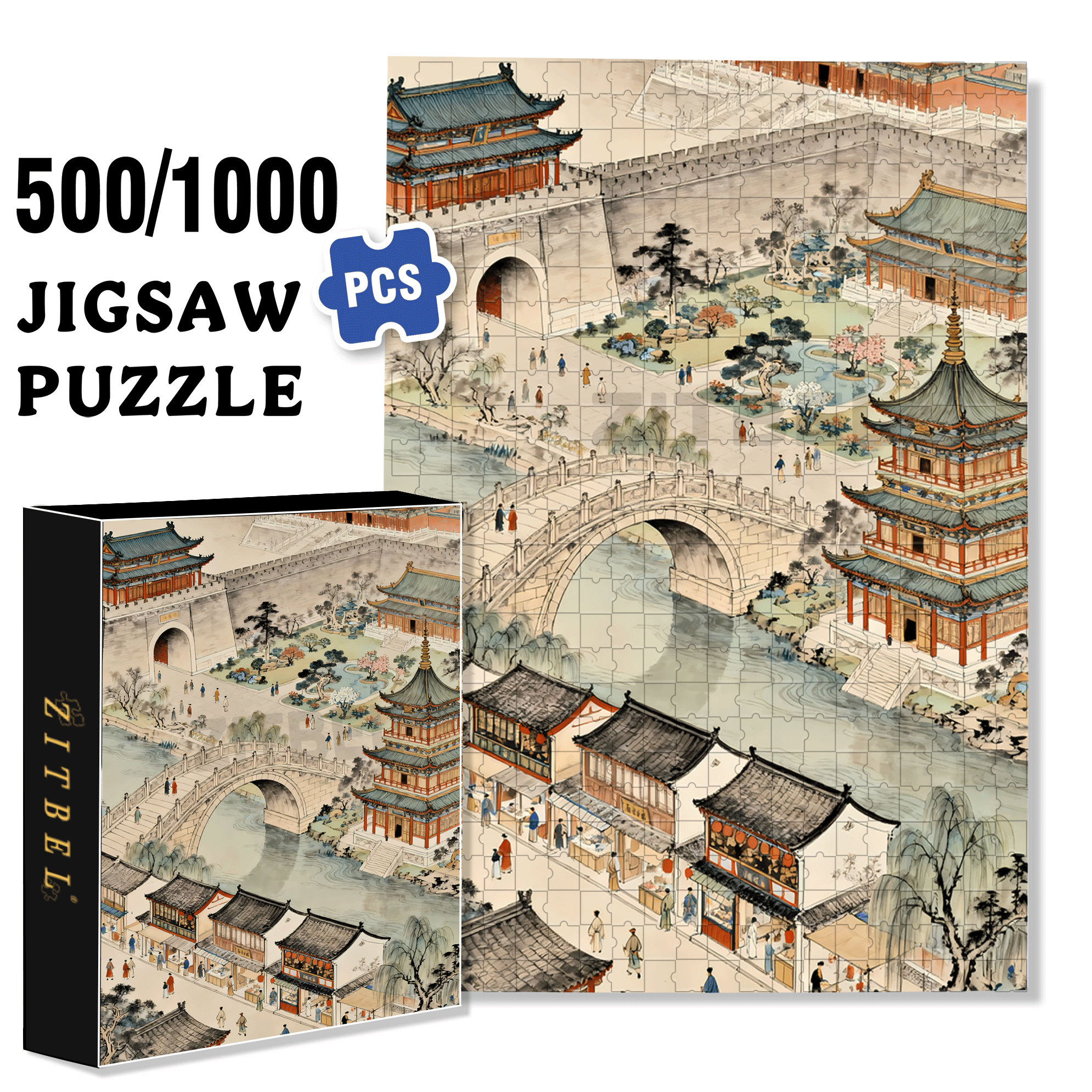 Bustling Ancient Street 500pcs/1000pcs Jigsaw Puzzle, Scratch-Resistant, Interactive Family Game & Brain-Boosting DIY Decor, Perfect for Halloween, Christmas & New Year Gifts, Family Puzzle Game