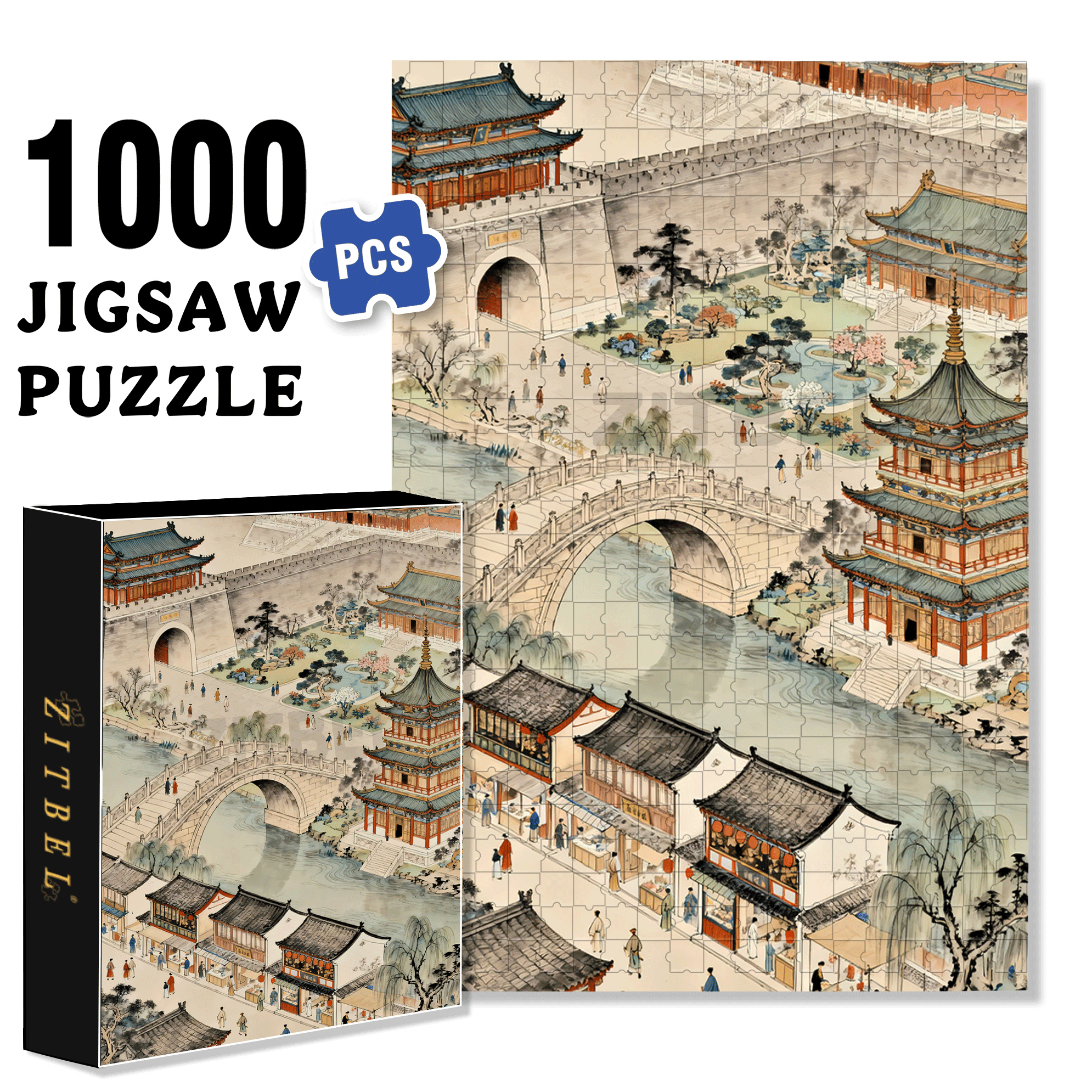 Bustling Ancient Street 500pcs/1000pcs Jigsaw Puzzle, Scratch-Resistant, Interactive Family Game & Brain-Boosting DIY Decor, Perfect for Halloween, Christmas & New Year Gifts, Family Puzzle Game