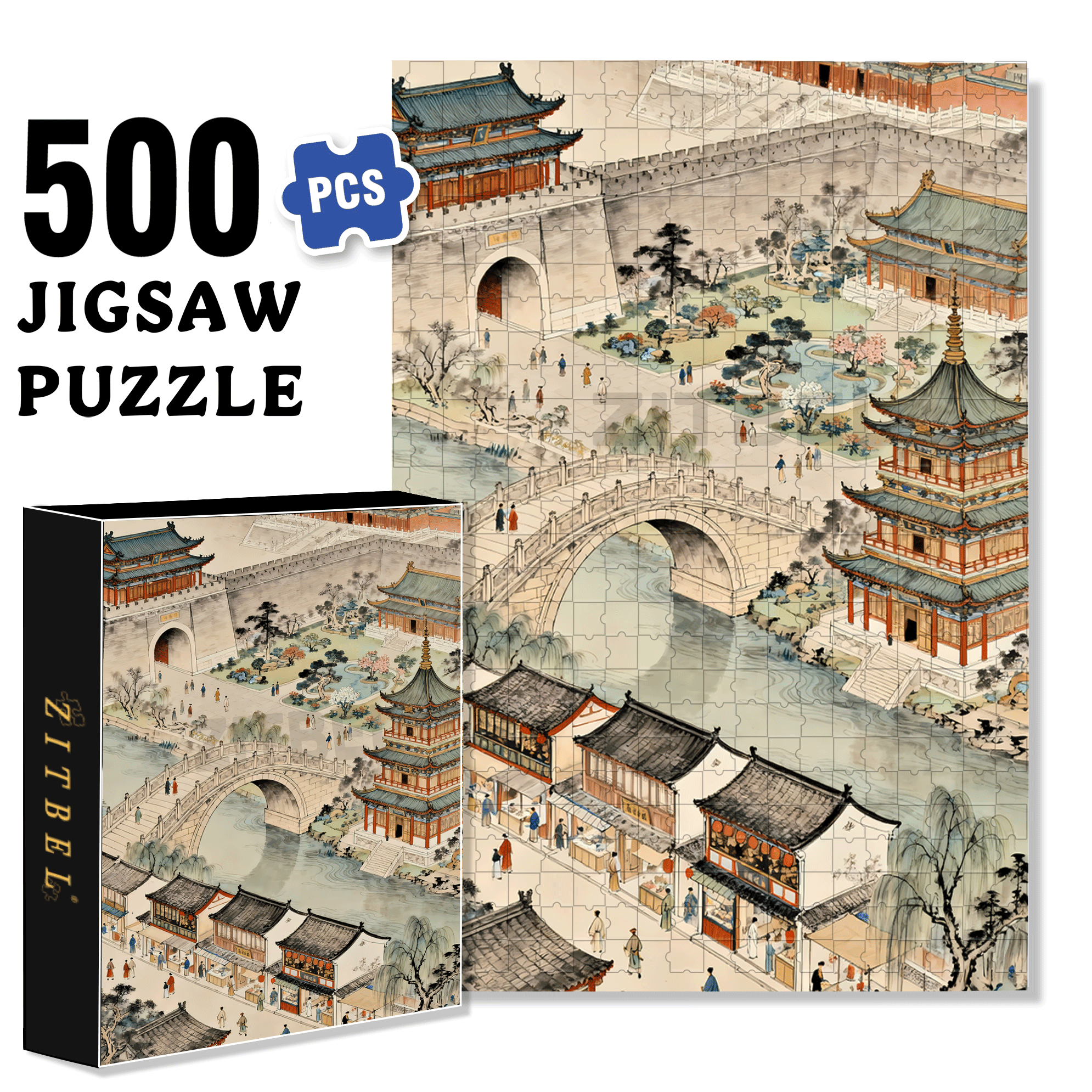 Bustling Ancient Street 500pcs/1000pcs Jigsaw Puzzle, Scratch-Resistant, Interactive Family Game & Brain-Boosting DIY Decor, Perfect for Halloween, Christmas & New Year Gifts, Family Puzzle Game