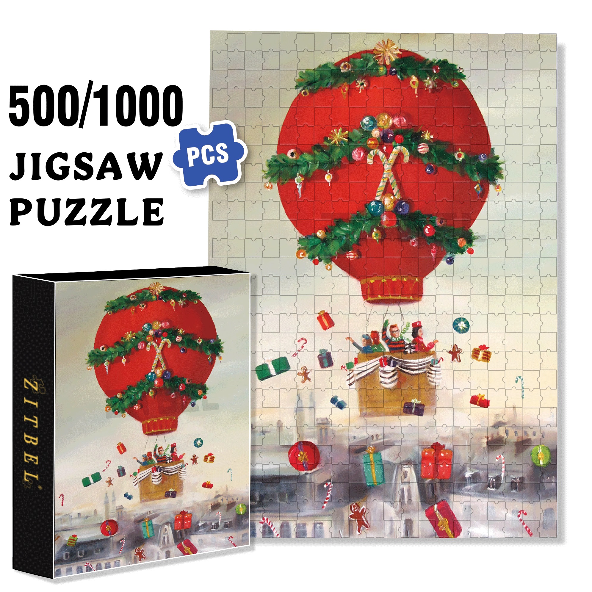 Christmas Balloon Ride 500pcs/1000pcs Jigsaw Puzzle, Scratch-Resistant, Interactive Family Game & Brain-Boosting DIY Decor, Perfect for Halloween, Christmas & New Year Gifts, Family Puzzle Game