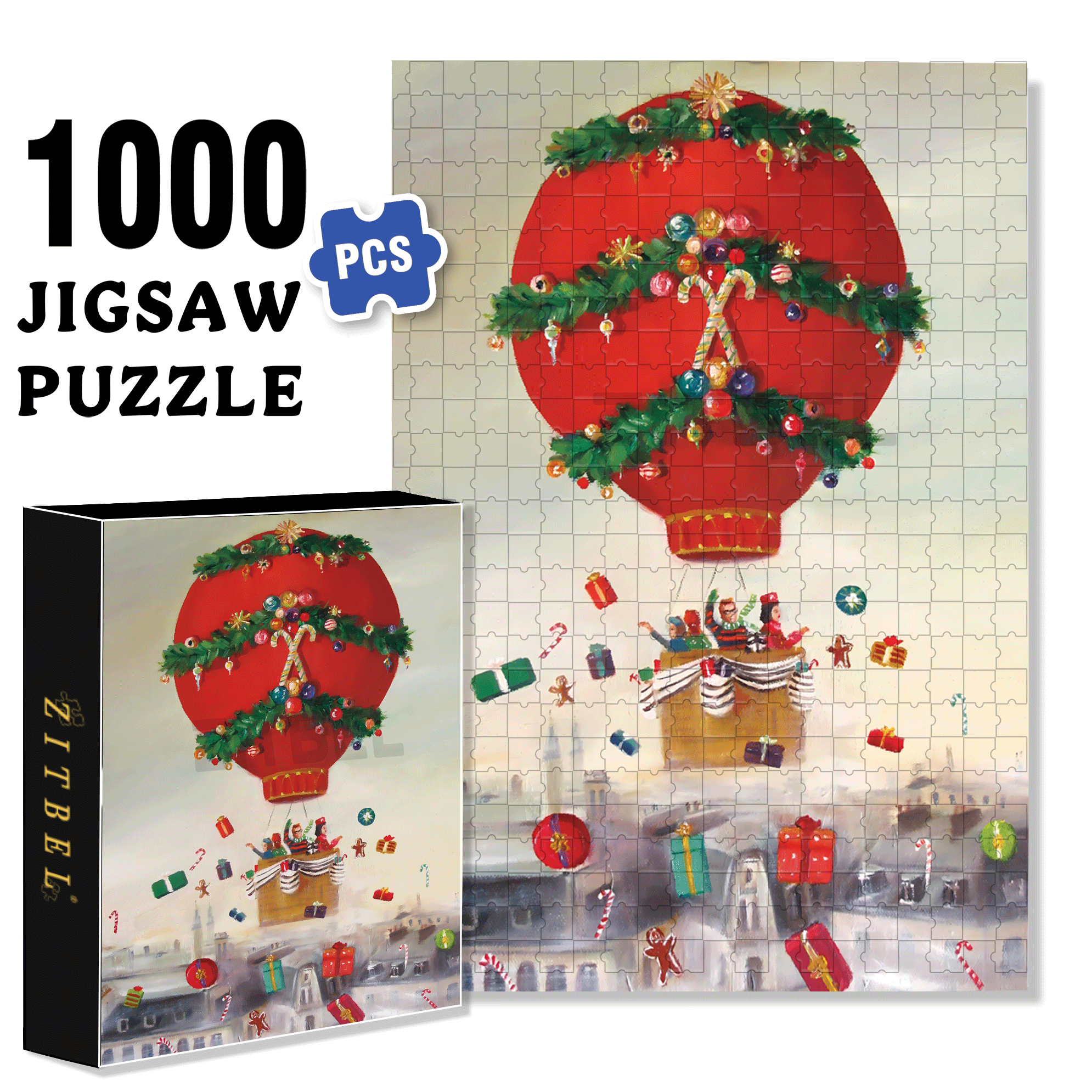 Christmas Balloon Ride 500pcs/1000pcs Jigsaw Puzzle, Scratch-Resistant, Interactive Family Game & Brain-Boosting DIY Decor, Perfect for Halloween, Christmas & New Year Gifts, Family Puzzle Game