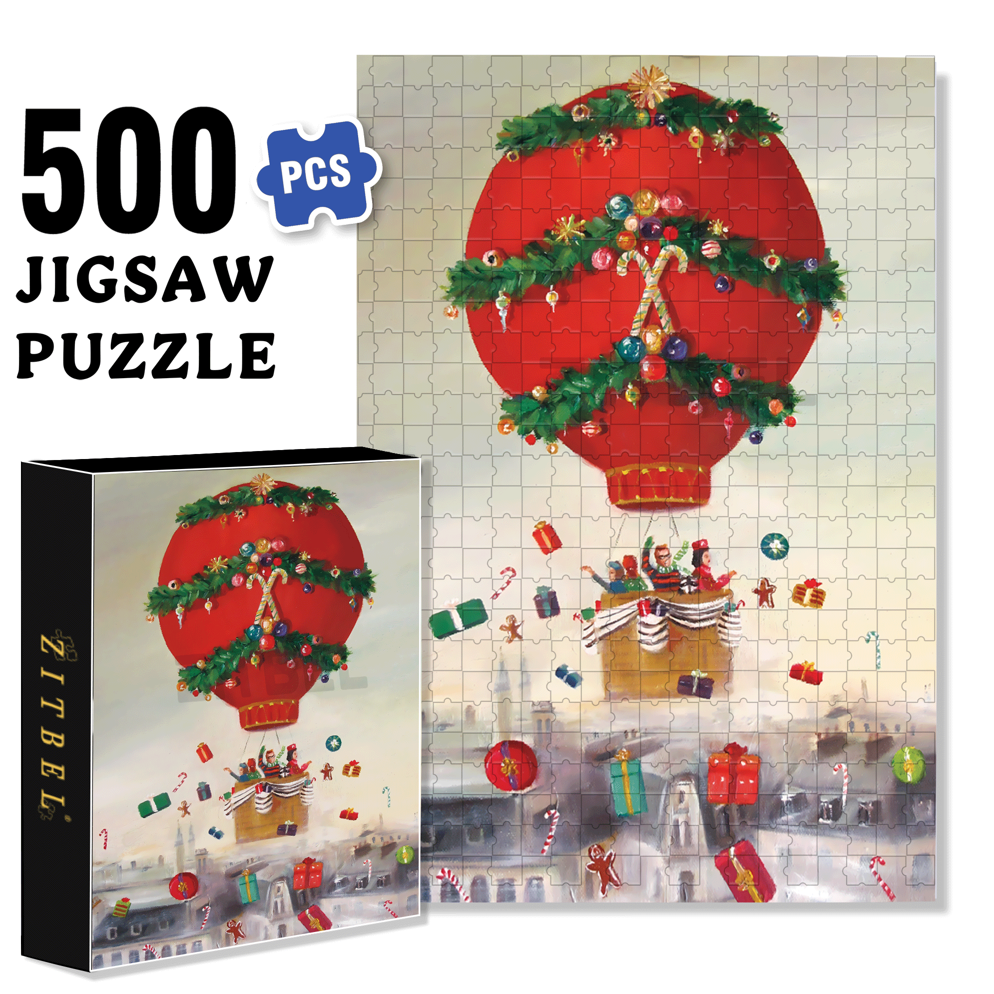 Christmas Balloon Ride 500pcs/1000pcs Jigsaw Puzzle, Scratch-Resistant, Interactive Family Game & Brain-Boosting DIY Decor, Perfect for Halloween, Christmas & New Year Gifts, Family Puzzle Game