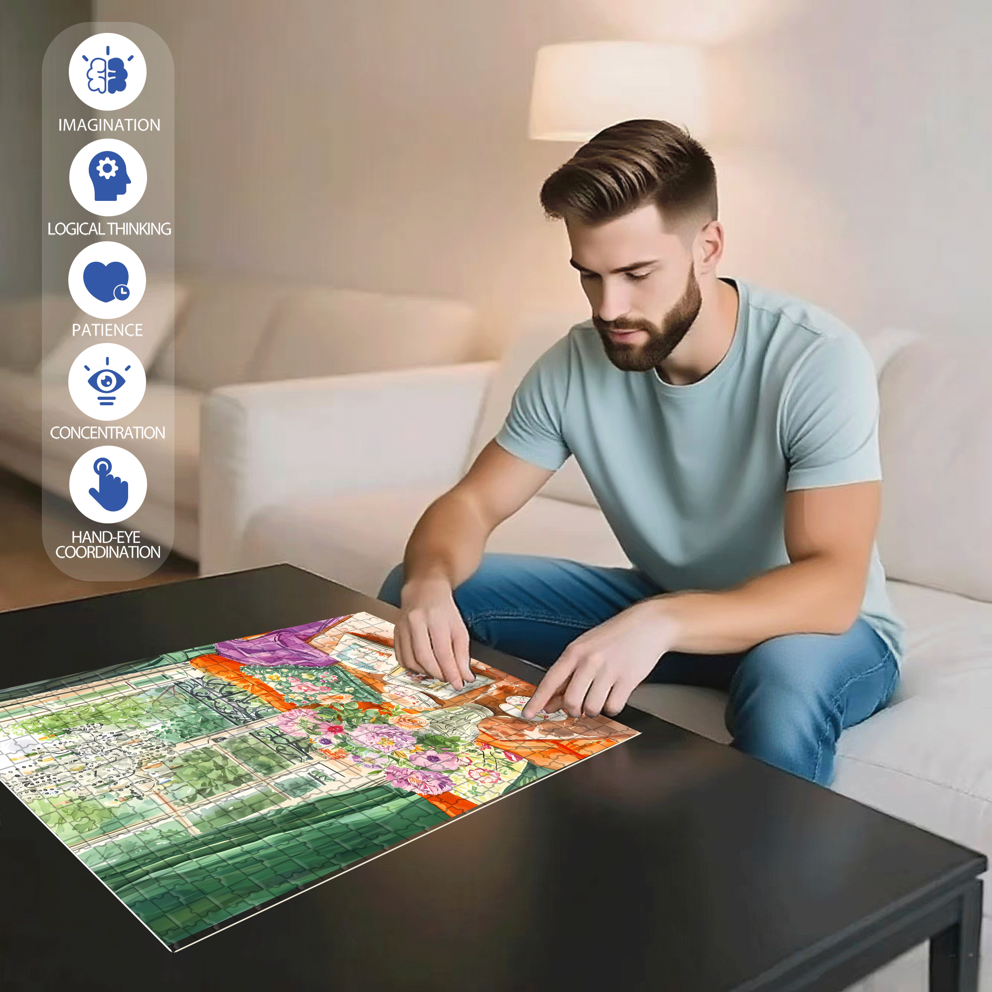 Comfortable Living Room 500pcs/1000pcs Jigsaw Puzzle, Scratch-Resistant, Interactive Family Game & Brain-Boosting DIY Decor, Perfect for Halloween, Christmas & New Year Gifts, Family Puzzle Game