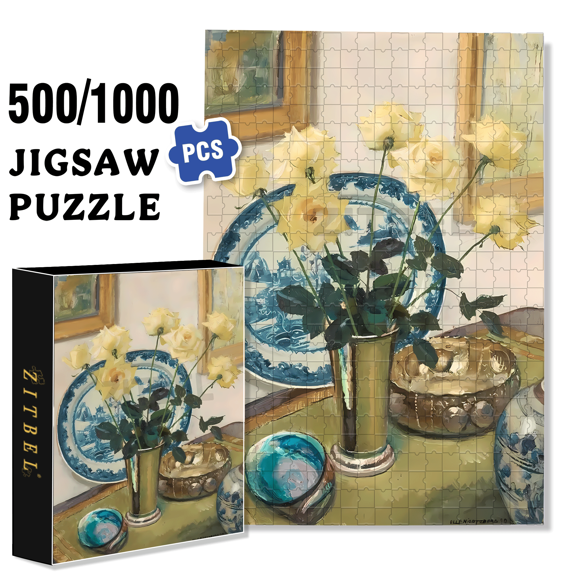 White Pointed Rose 500pcs/1000pcs Jigsaw Puzzle, Scratch-Resistant, Interactive Family Game & Brain-Boosting DIY Decor, Perfect for Halloween, Christmas & New Year Gifts, Family Puzzle Game