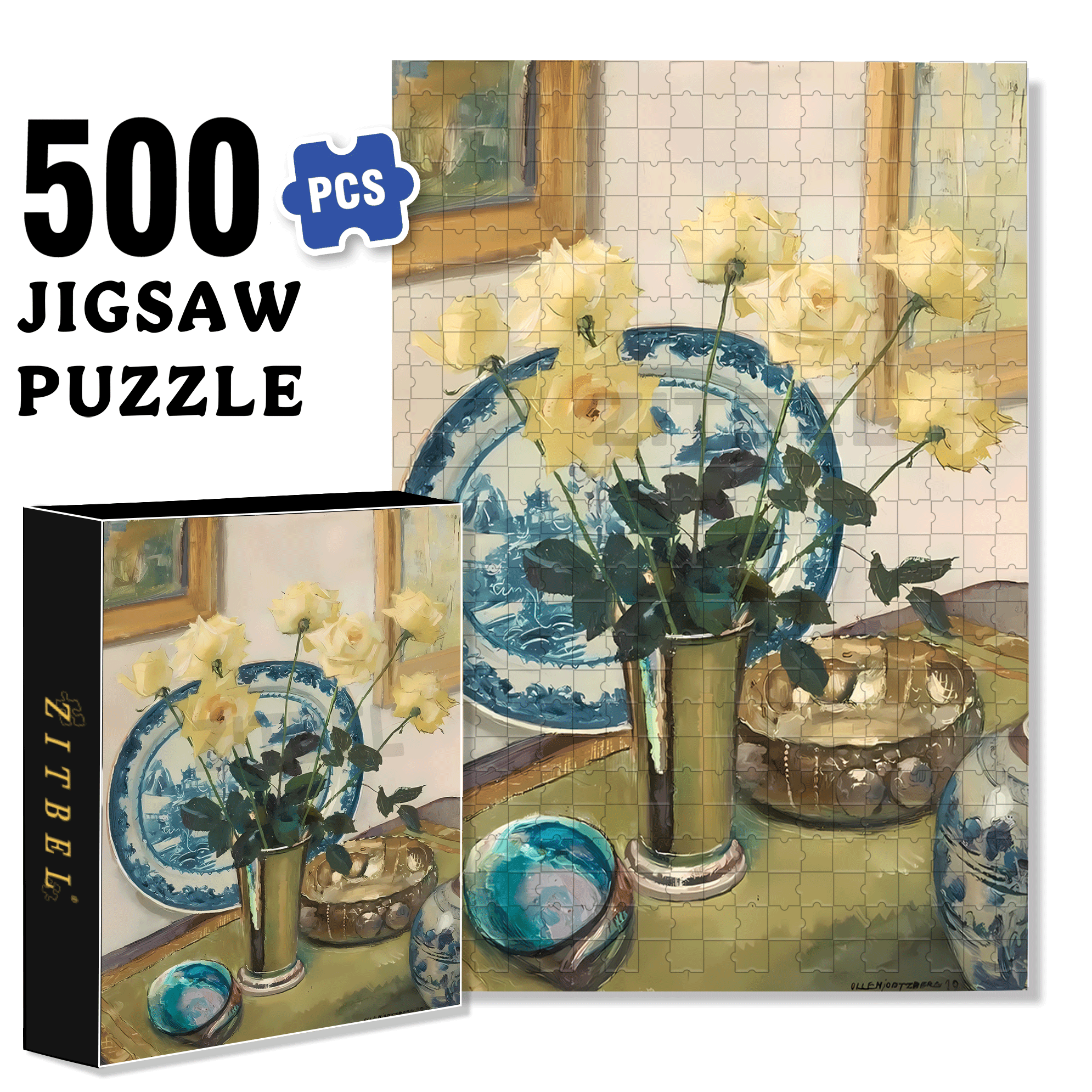 White Pointed Rose 500pcs/1000pcs Jigsaw Puzzle, Scratch-Resistant, Interactive Family Game & Brain-Boosting DIY Decor, Perfect for Halloween, Christmas & New Year Gifts, Family Puzzle Game