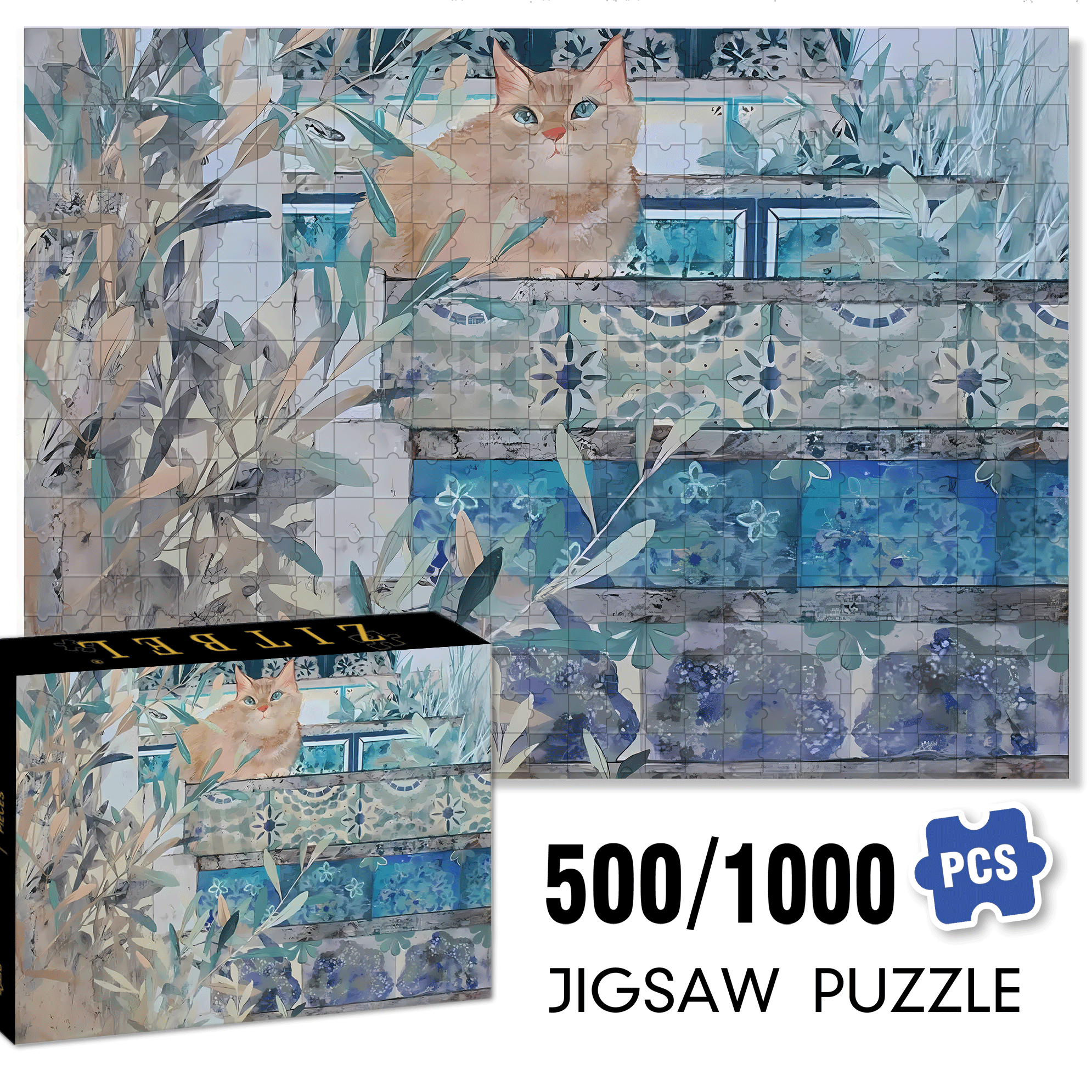 Cat On The Stairs 500pcs/1000pcs Jigsaw Puzzle, Scratch-Resistant, Interactive Family Game & Brain-Boosting DIY Decor, Perfect for Halloween, Christmas & New Year Gifts, Family Puzzle Game