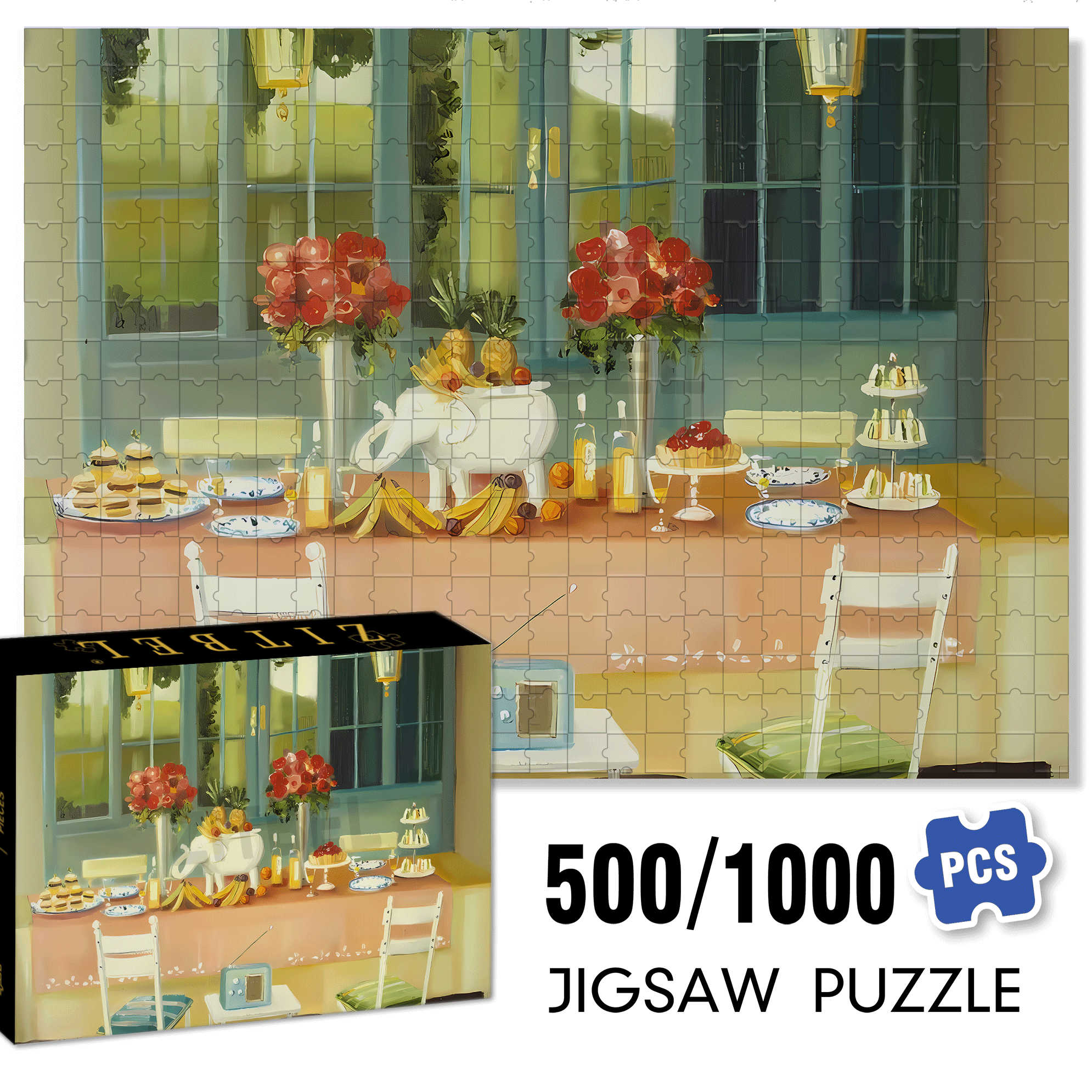 Elephant Fruit Platter 500pcs/1000pcs Jigsaw Puzzle, Scratch-Resistant, Interactive Family Game & Brain-Boosting DIY Decor, Perfect for Halloween, Christmas & New Year Gifts, Family Puzzle Game