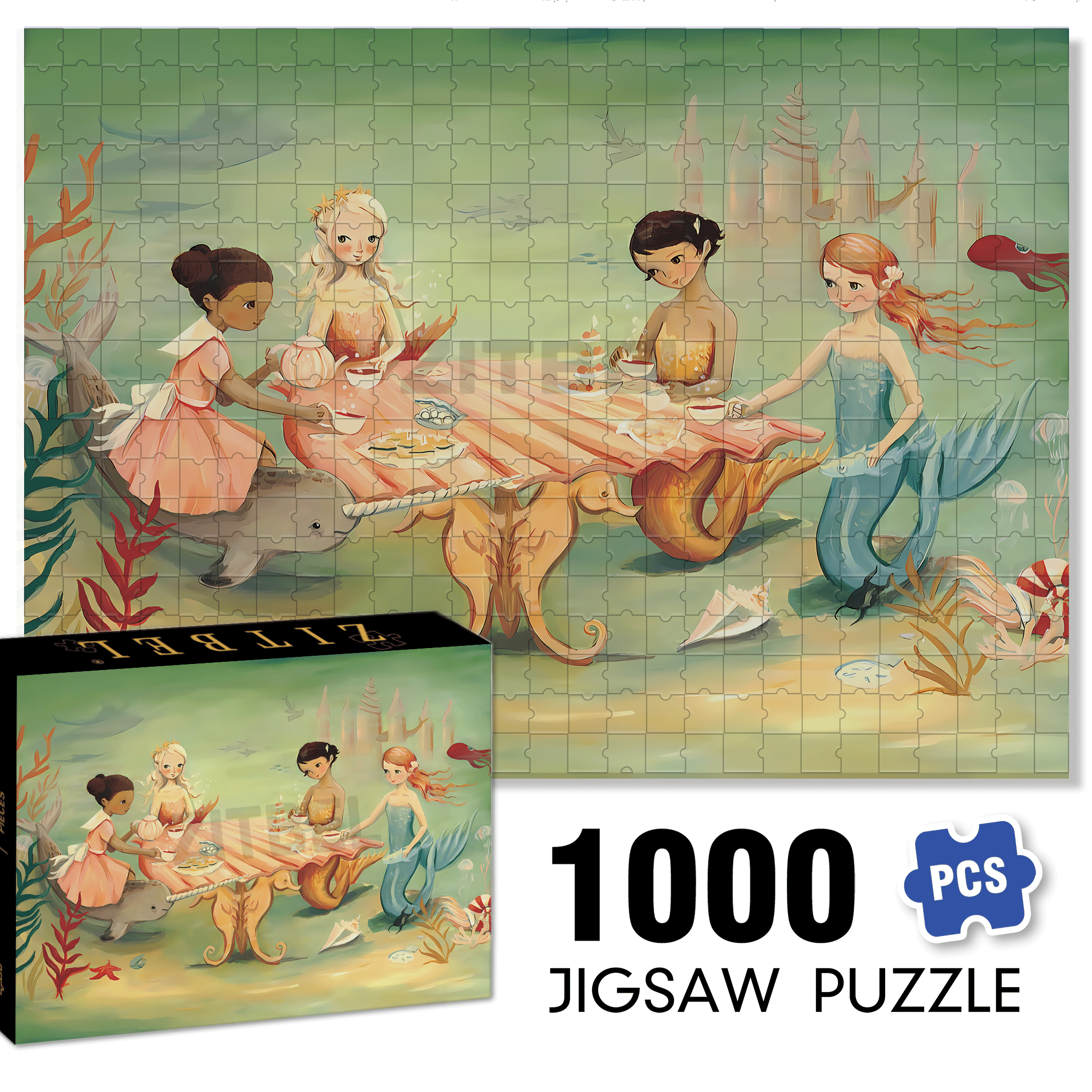 Mermaid Tea Party 500pcs/1000pcs Jigsaw Puzzle, Scratch-Resistant, Interactive Family Game & Brain-Boosting DIY Decor, Perfect for Halloween, Christmas & New Year Gifts, Family Puzzle Game