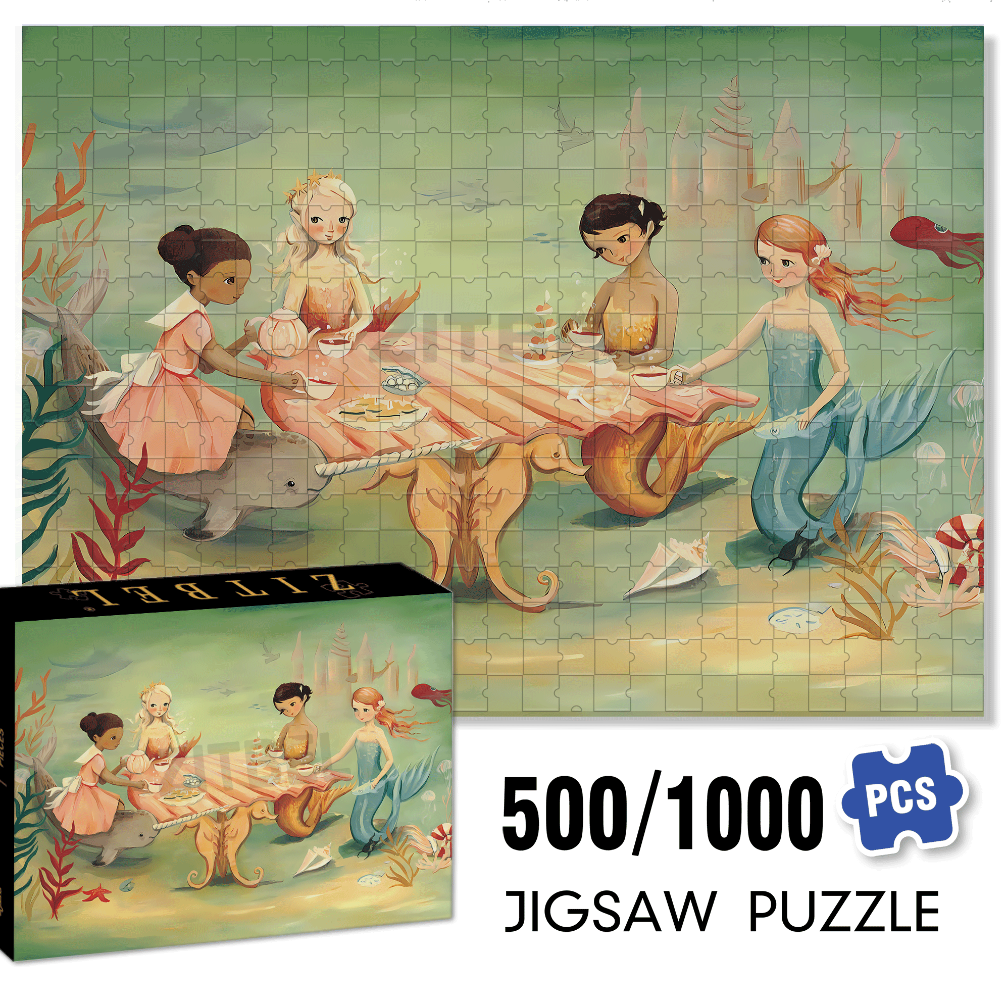 Mermaid Tea Party 500pcs/1000pcs Jigsaw Puzzle, Scratch-Resistant, Interactive Family Game & Brain-Boosting DIY Decor, Perfect for Halloween, Christmas & New Year Gifts, Family Puzzle Game