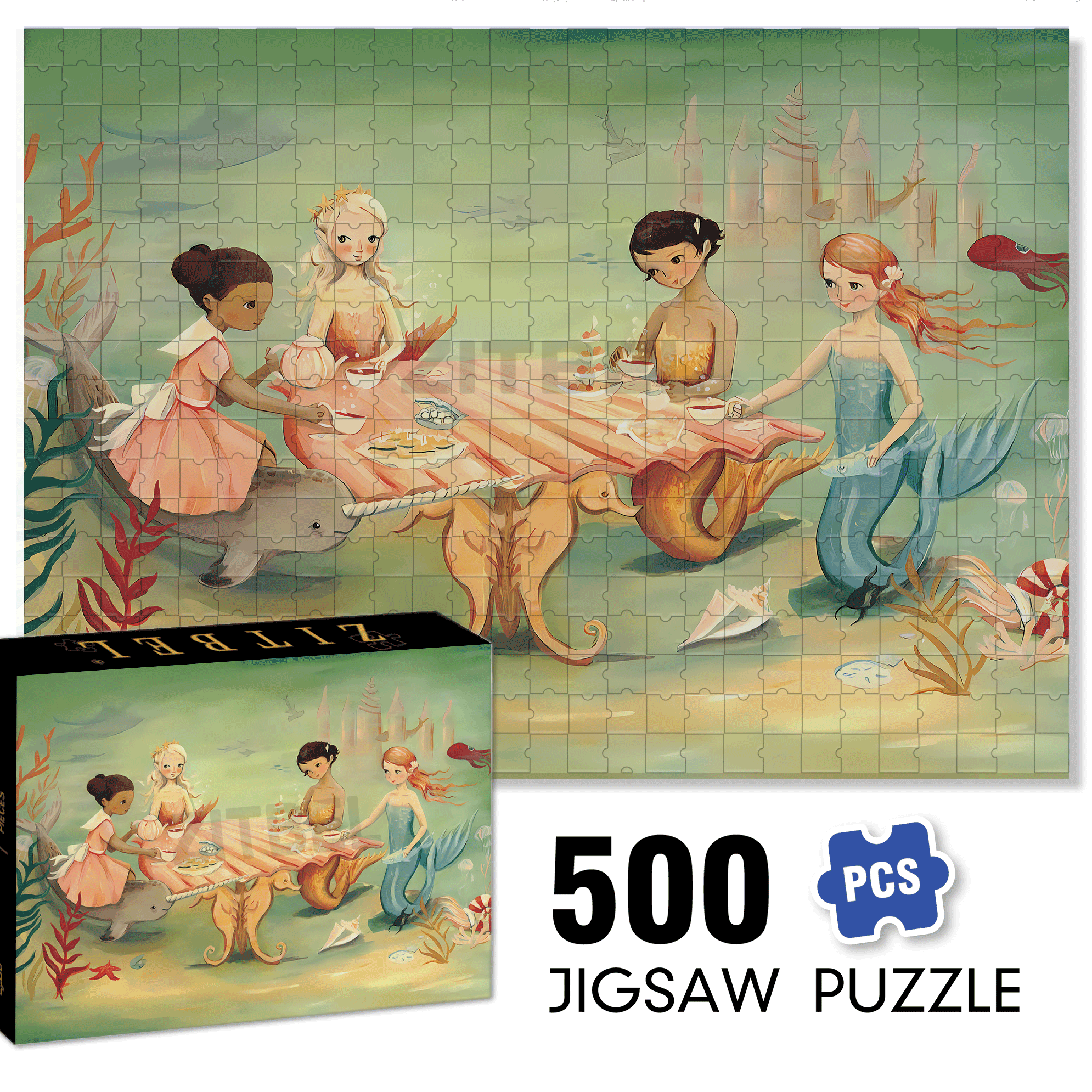 Mermaid Tea Party 500pcs/1000pcs Jigsaw Puzzle, Scratch-Resistant, Interactive Family Game & Brain-Boosting DIY Decor, Perfect for Halloween, Christmas & New Year Gifts, Family Puzzle Game