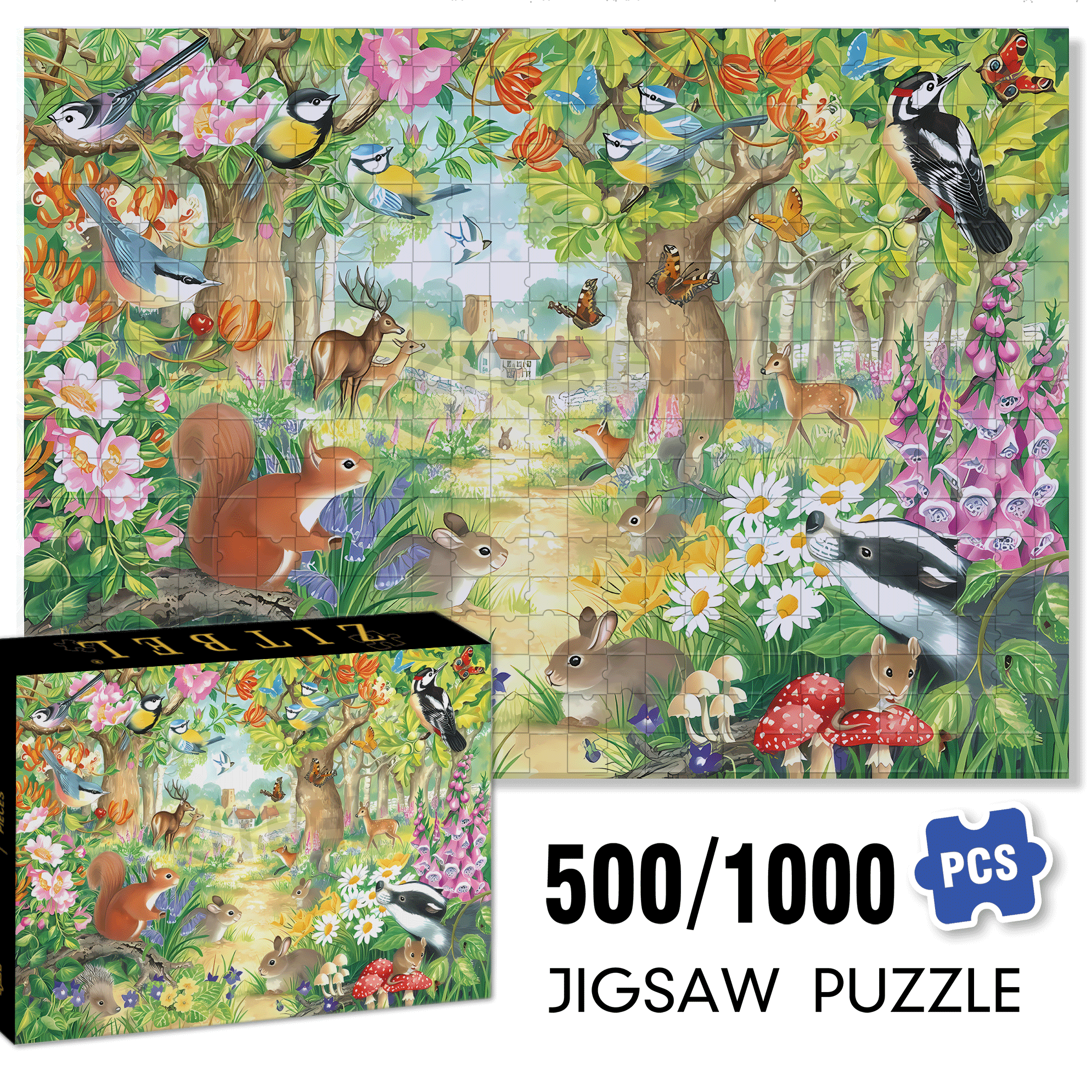 Small Animals In The Forest 500pcs/1000pcs Jigsaw Puzzle, Scratch-Resistant, Interactive Family Game & Brain-Boosting DIY Decor, Perfect for Halloween, Christmas & New Year Gifts, Family Puzzle Game