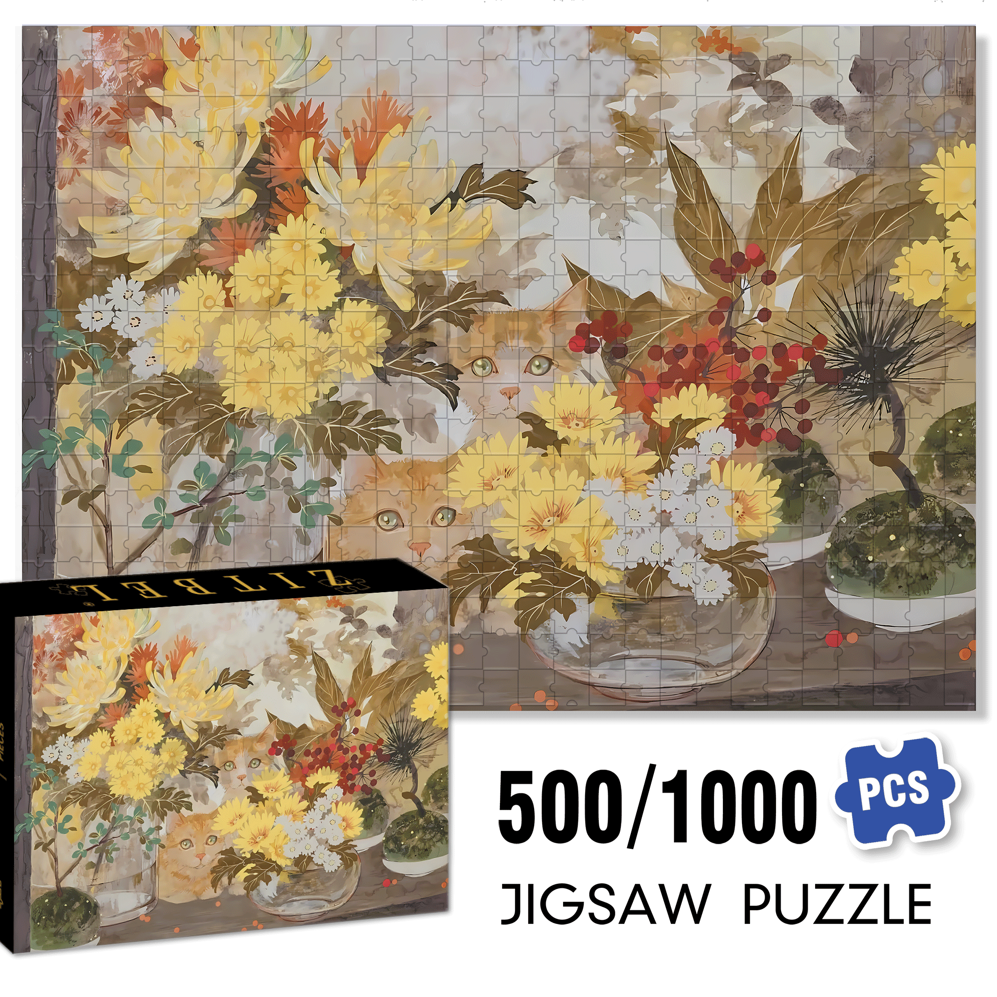 Yellow Flowers And Yellow cat 500pcs/1000pcs Jigsaw Puzzle, Scratch-Resistant, Interactive Family Game & Brain-Boosting DIY Decor, Perfect for Halloween, Christmas & New Year Gifts, Family Puzzle Game